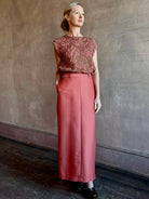 Image of woman wearing premium wool silk Rachel Comey Cosa maxi Skirt with tailored waistband belt loops and back vent