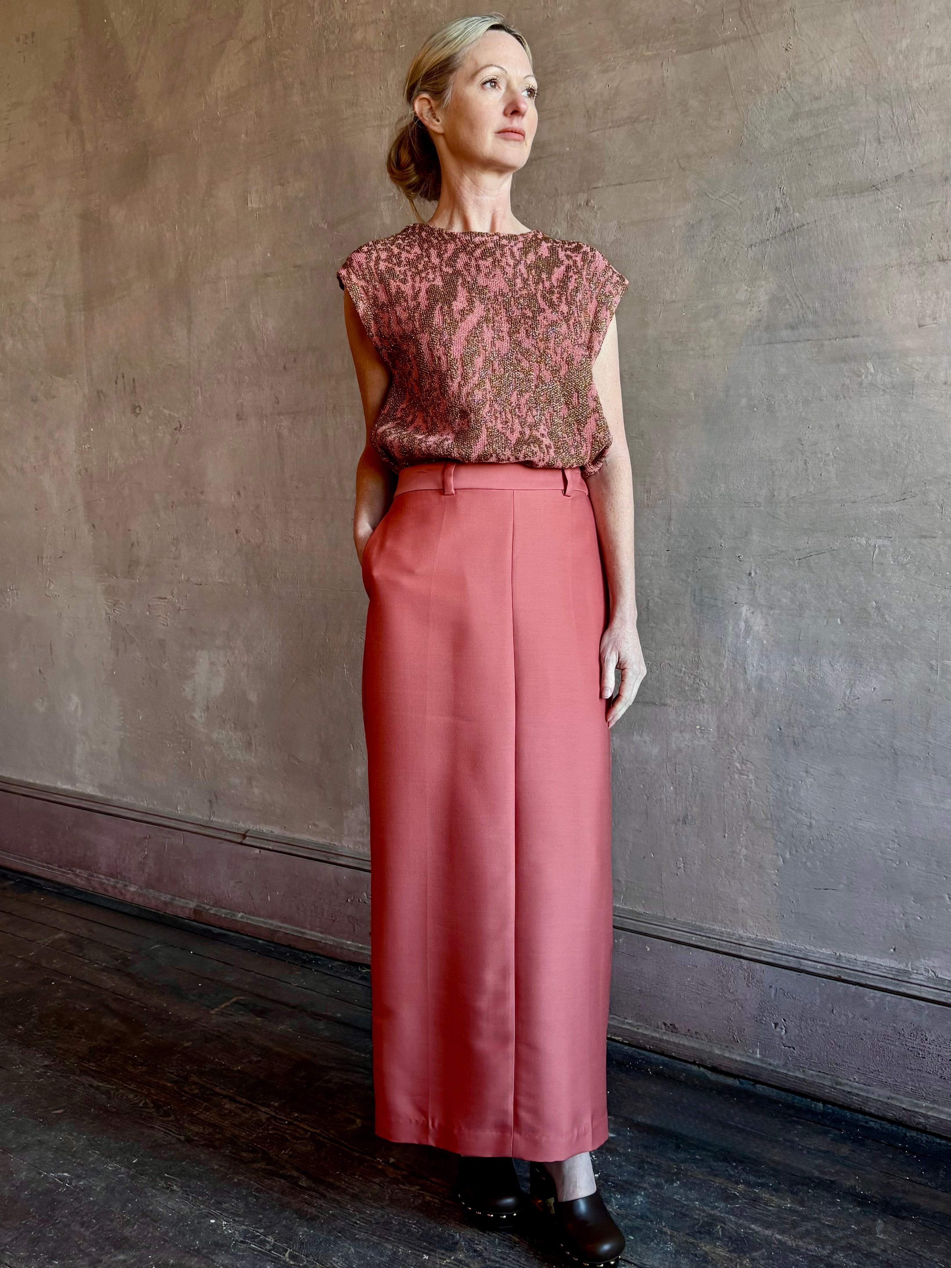 Image of woman wearing premium wool silk Rachel Comey Cosa maxi Skirt with tailored waistband belt loops and back vent