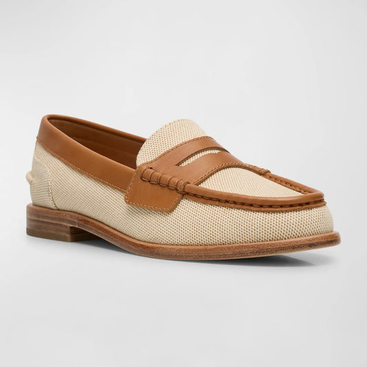 Image featuring the Rag & Bone carter penny loafer with a round toe and leather trims in a durable canvas heel is 0.75” flat heel.