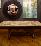 Reclaimed barnwood table with metal base intricate cross pattern. Beautiful cusom rustic modern dining room table hand crafted in USA