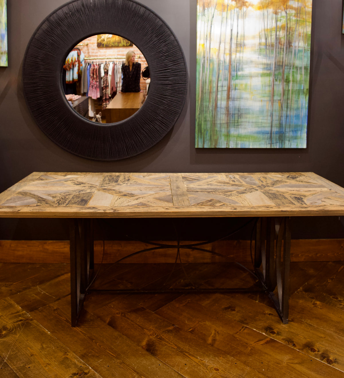 Reclaimed barnwood table with metal base intricate cross pattern. Beautiful cusom rustic modern dining room table hand crafted in USA