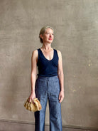 Sablyn Addyson Fitted V-Neck Layering Tank in Navy Blue fine merino wool tailored V-neckline refined layering essential