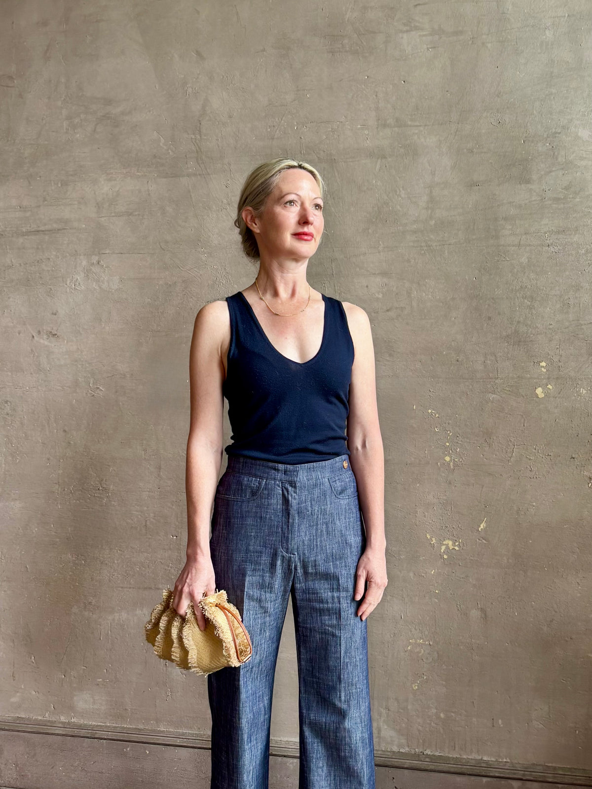 Sablyn Addyson Fitted V-Neck Layering Tank in Navy Blue fine merino wool tailored V-neckline refined layering essential