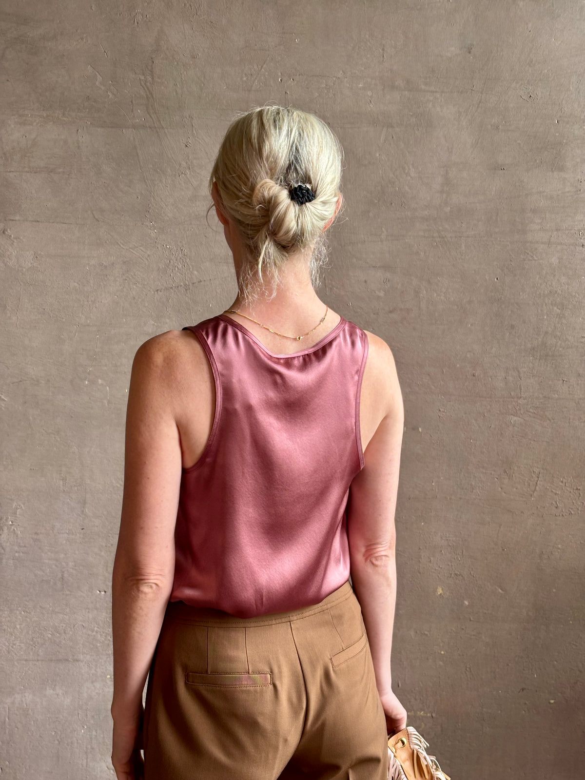 Mature woman wearing Sablyn Claudia B Scoop Neck Silk Tank in Desert Bloom flattering scoop neckline Made in the USA effortlessly elevated