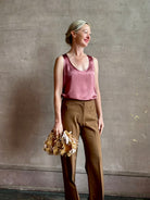Mature woman wearing Sablyn Claudia B Scoop Neck Silk Tank in Desert Bloom flattering scoop neckline Made in the USA effortlessly elevated