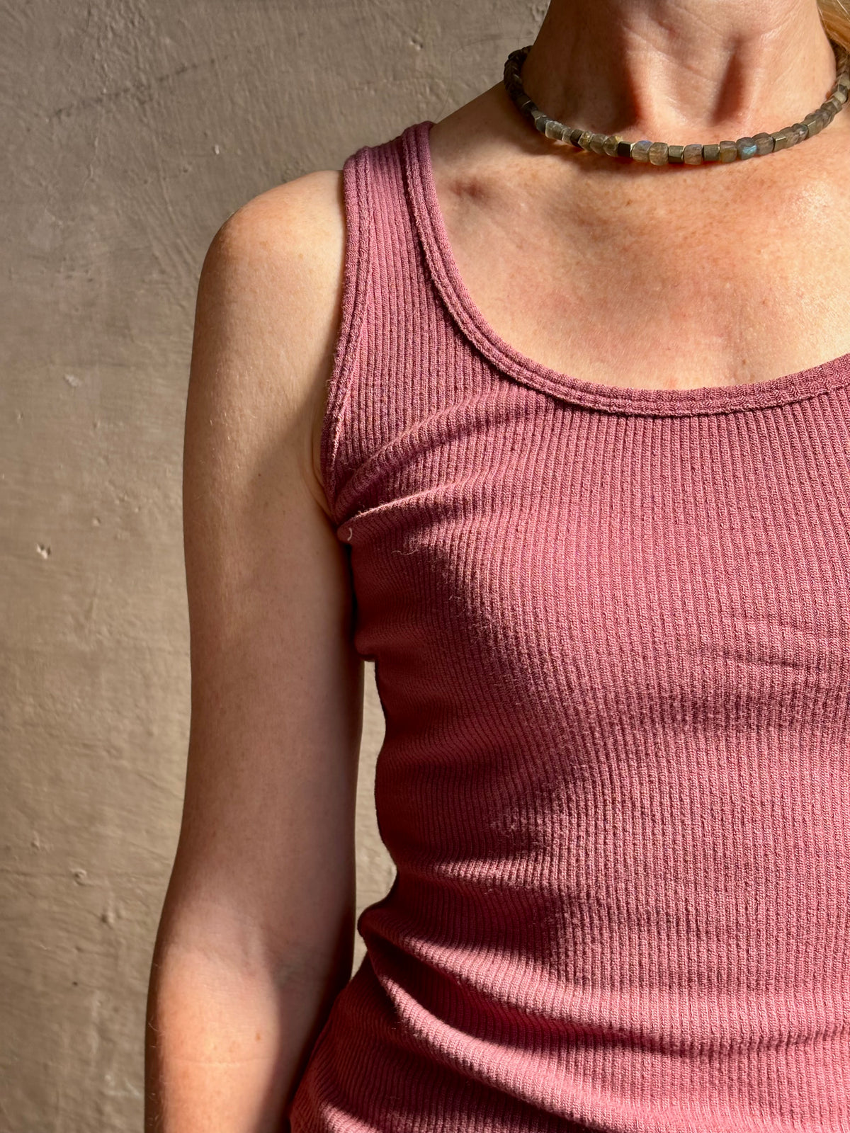Mature woman wearing Sablyn Coco Scoop Neck Tank in Rose tailored scoop neckline Soft dusty rose layering essential