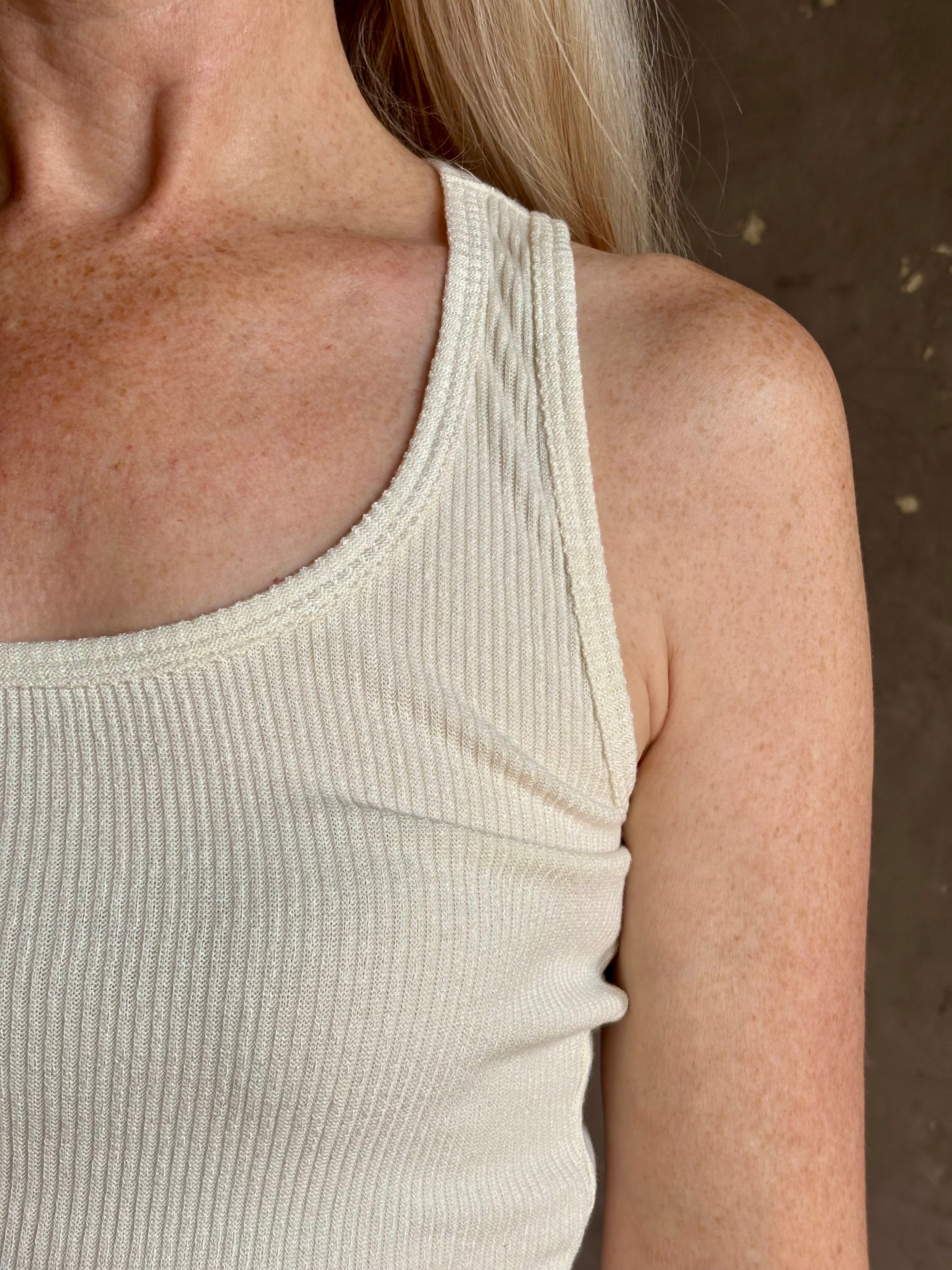 Mature woman wearing Sablyn Coco Scoop Neck cream Tank Top ribbed soft knit comfortable layering basic 