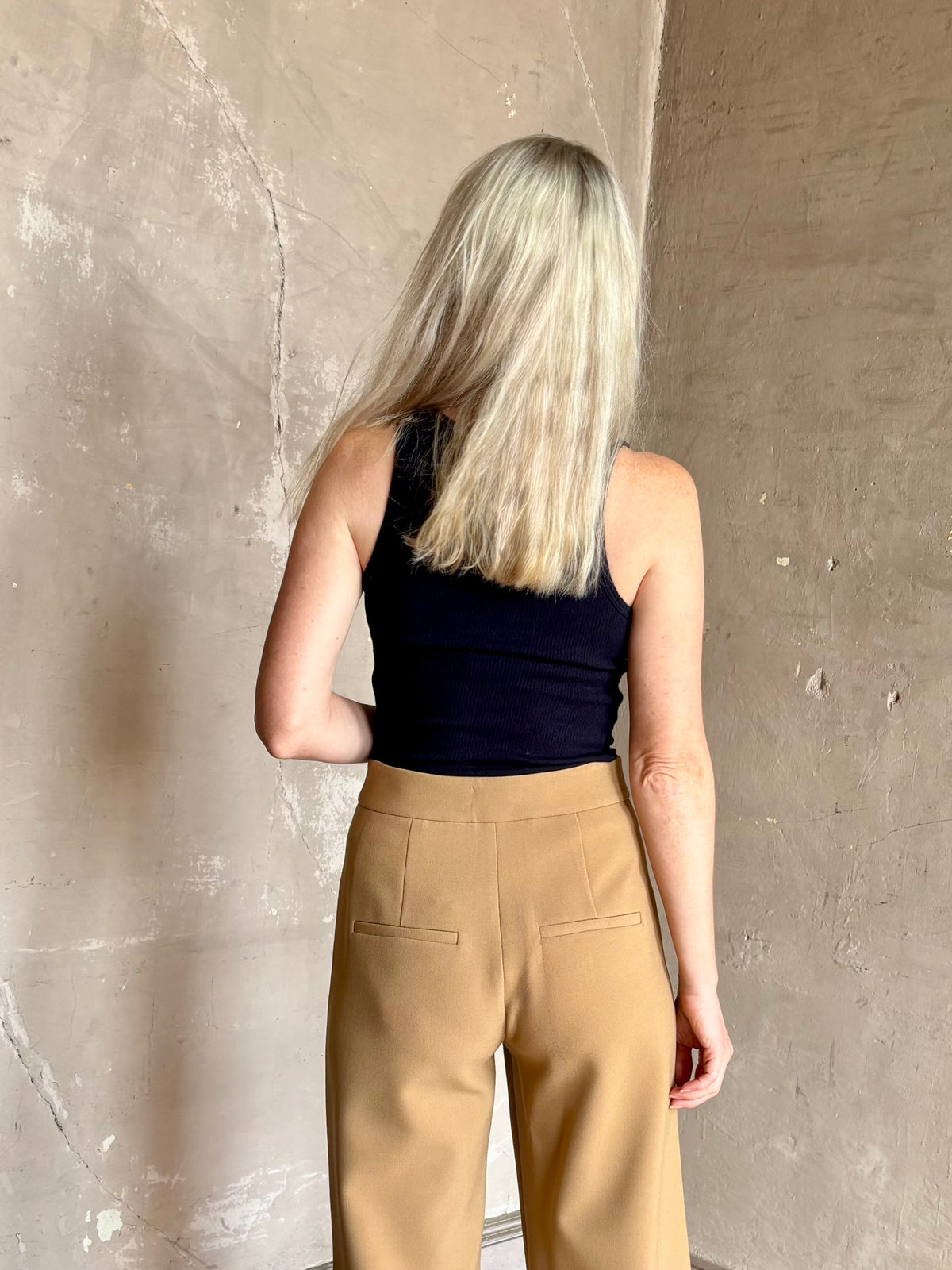 Mature woman wearing Sablyn Coco Scoop Neck Navy Tank Top brushed ribbed knit soft basic made in USA