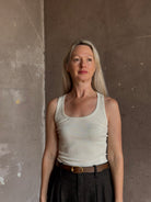 Mature woman wearing Sablyn Coco Scoop Neck cream Tank Top ribbed soft knit comfortable layering basic 