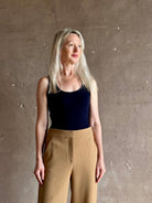 Mature woman wearing Sablyn Coco Scoop Neck Navy Tank Top brushed ribbed knit soft basic made in USA