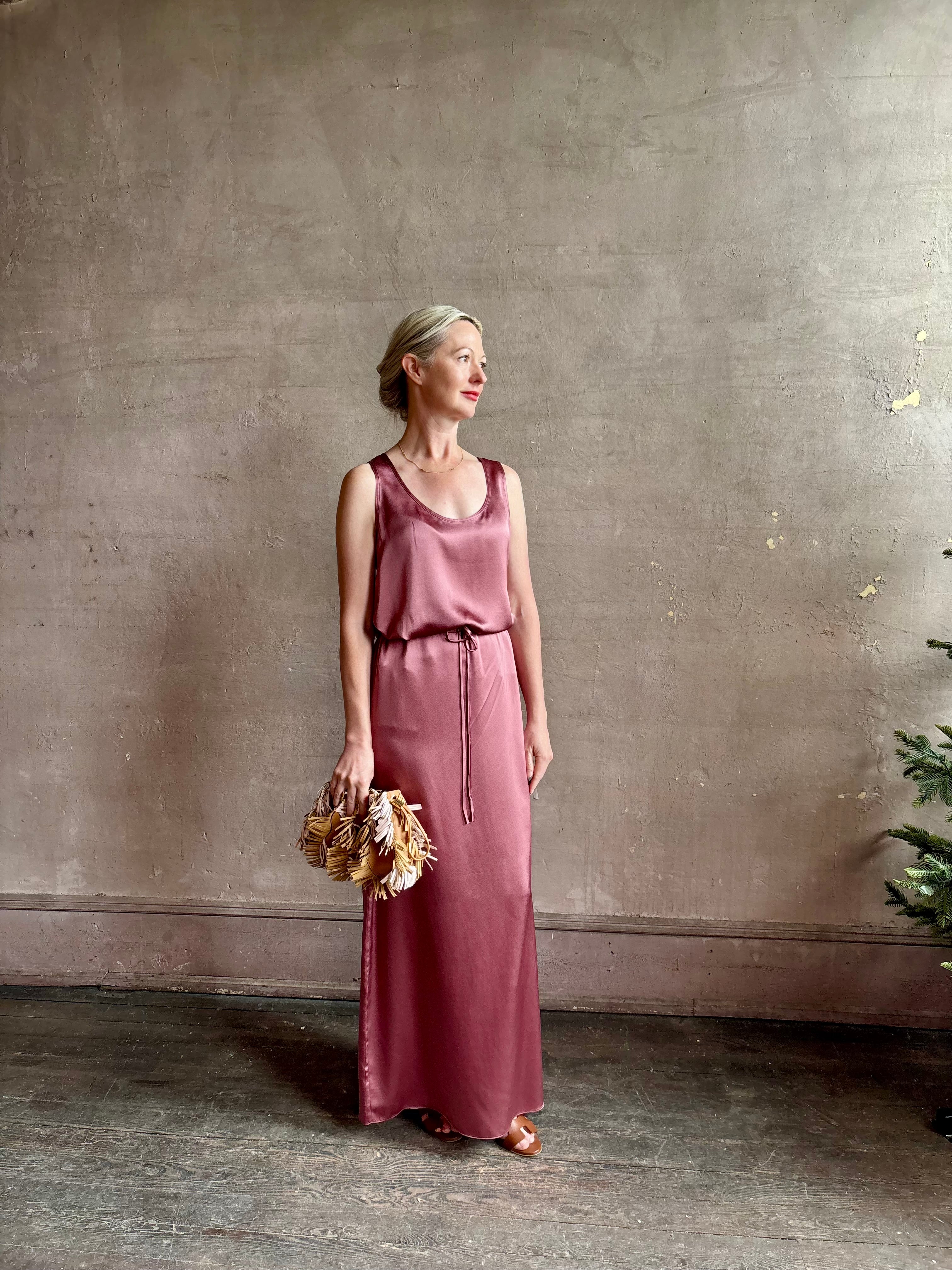 Mature woman wearing Sablyn Sol Maxi Skirt in Desert Bloom silk charmeuse relaxed drawstring waist Fluid