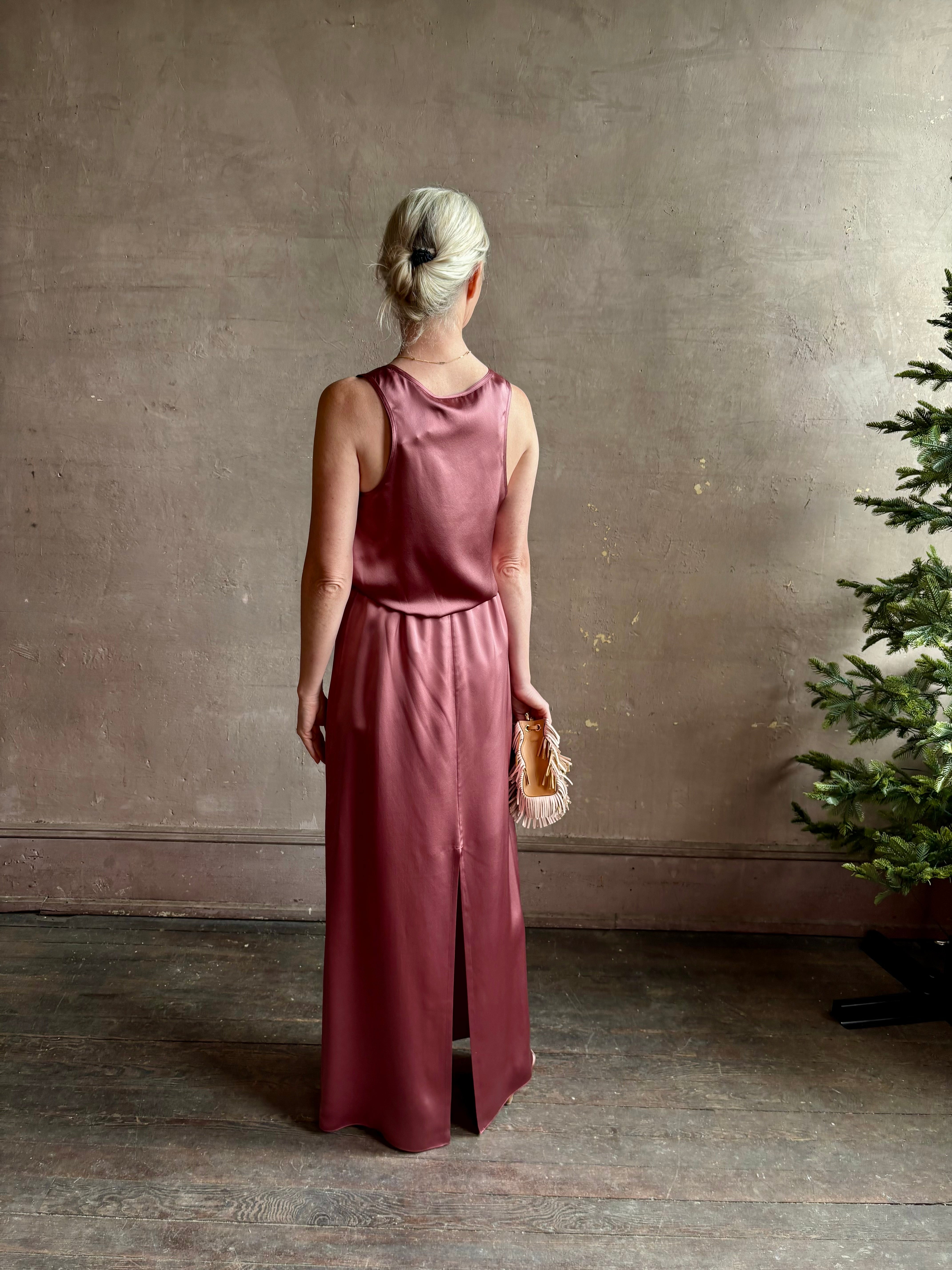 Mature woman wearing Sablyn Sol Maxi Skirt in Desert Bloom silk charmeuse relaxed drawstring waist Fluid