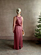 Mature woman wearing Sablyn Sol Maxi Skirt in Desert Bloom silk charmeuse relaxed drawstring waist Fluid