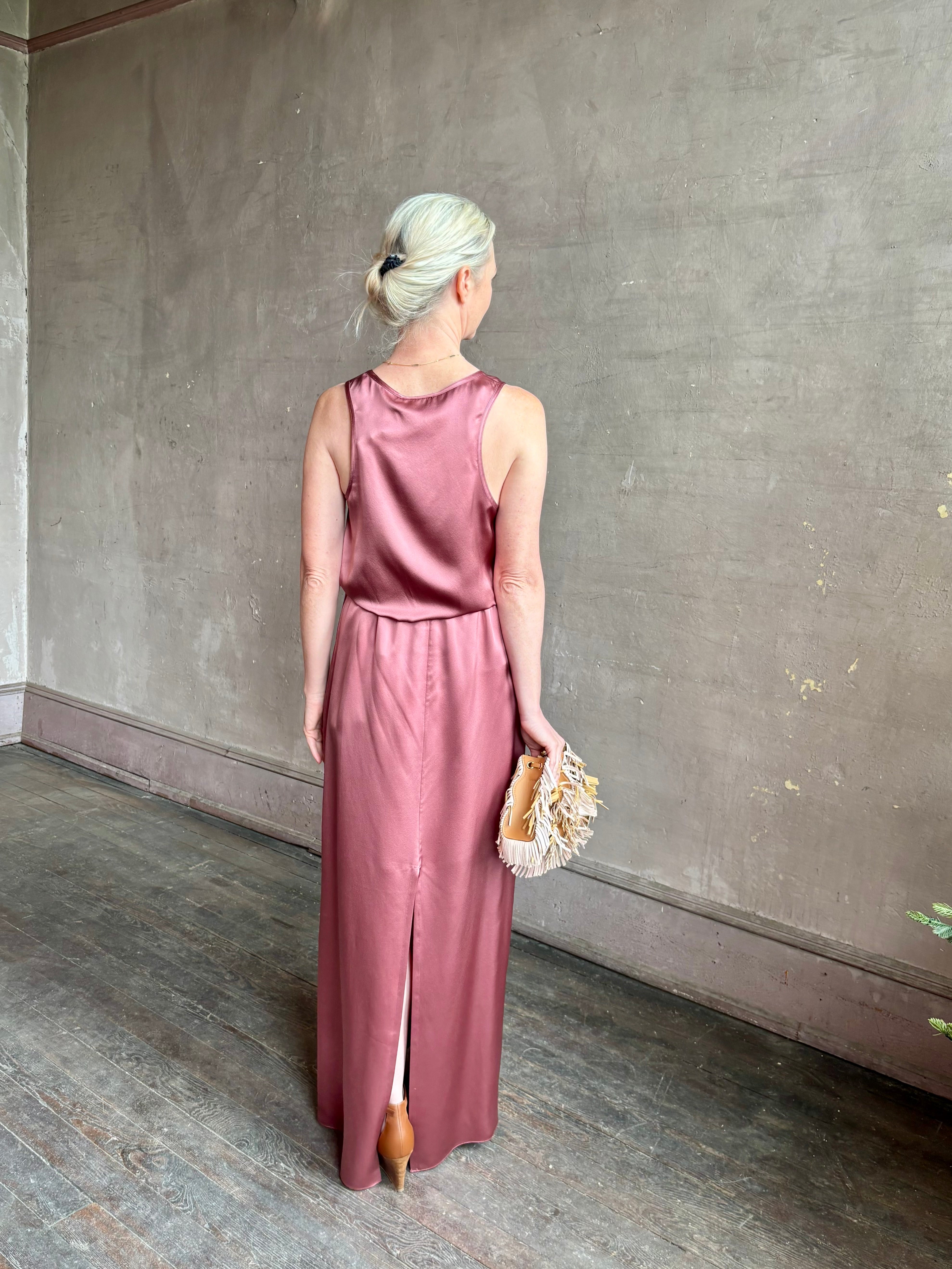Mature woman wearing Sablyn Sol Maxi Skirt in Desert Bloom silk charmeuse relaxed drawstring waist Fluid