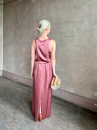 Mature woman wearing Sablyn Sol Maxi Skirt in Desert Bloom silk charmeuse relaxed drawstring waist Fluid