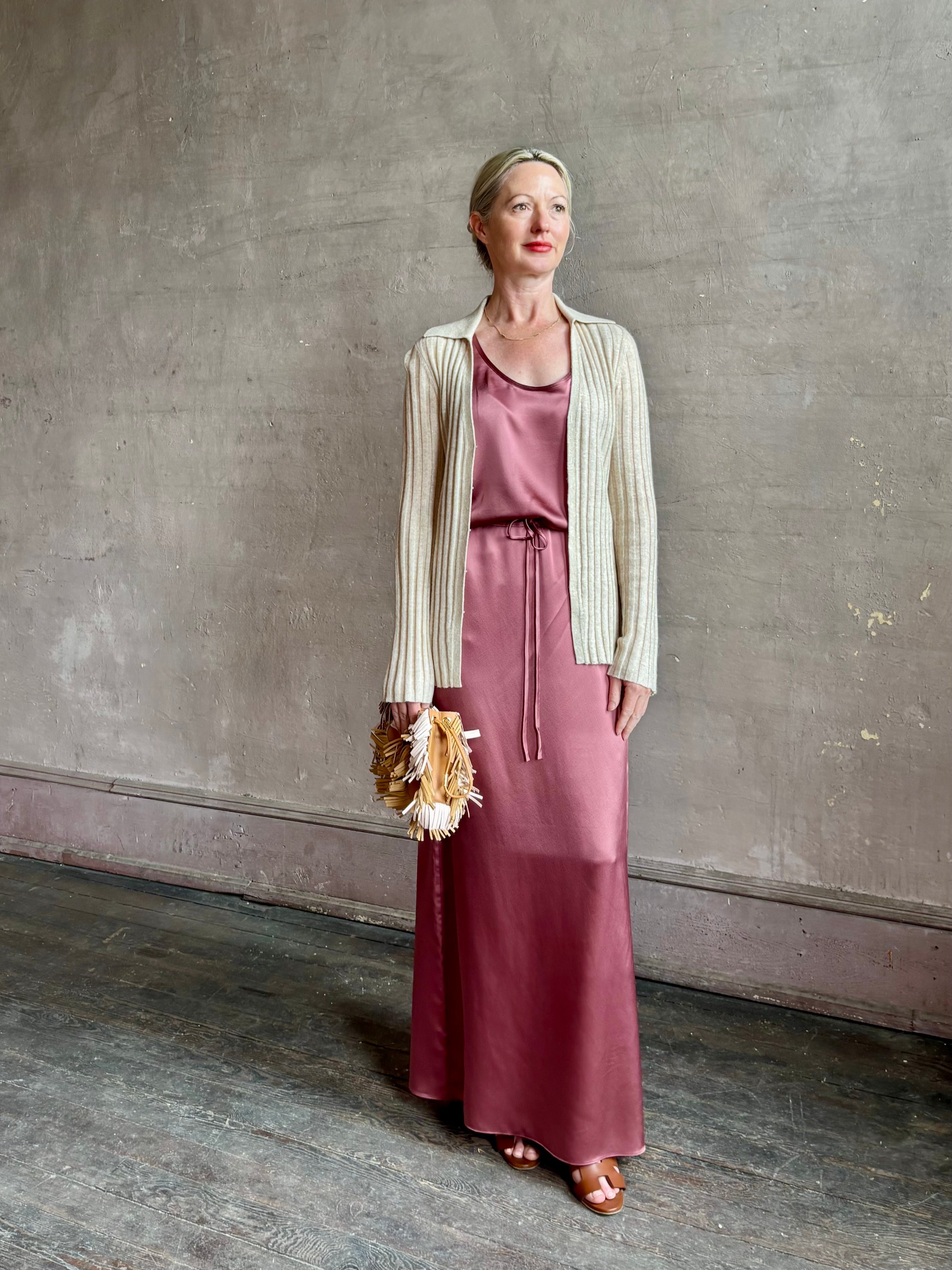 Mature woman wearing Sablyn Sol Maxi Skirt in Desert Bloom silk charmeuse relaxed drawstring waist Fluid