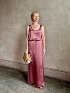 Mature woman wearing Sablyn Sol Maxi Skirt in Desert Bloom silk charmeuse relaxed drawstring waist Fluid