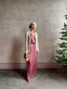 Mature woman wearing Sablyn Sol Maxi Skirt in Desert Bloom silk charmeuse relaxed drawstring waist Fluid
