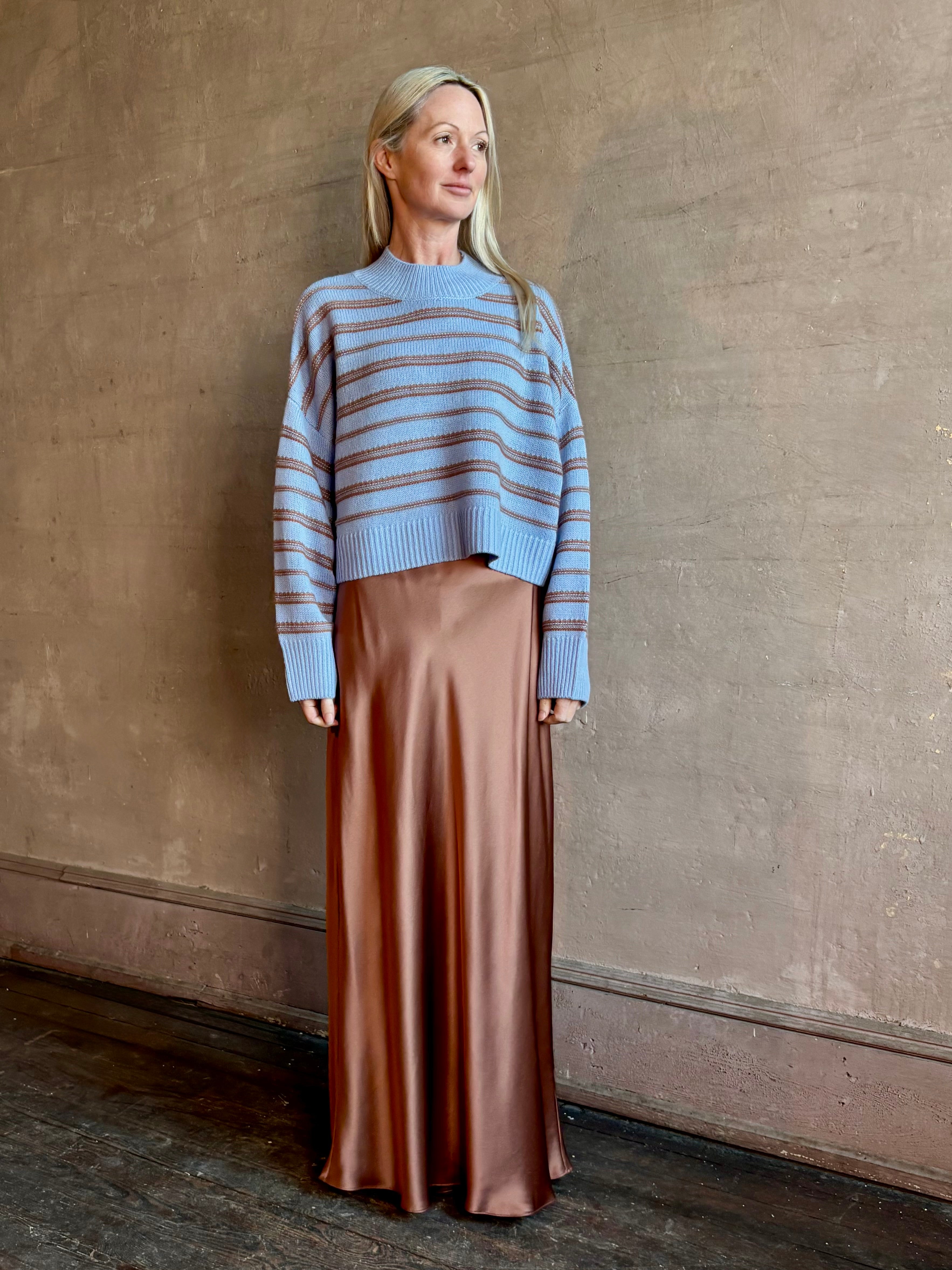 Woman wearing premium SABLYN Wells B Cropped Pullover Sweater with oversized fit crew neck and long sleeve