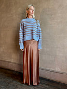 Woman wearing premium SABLYN Wells B Cropped Pullover Sweater with oversized fit crew neck and long sleeve