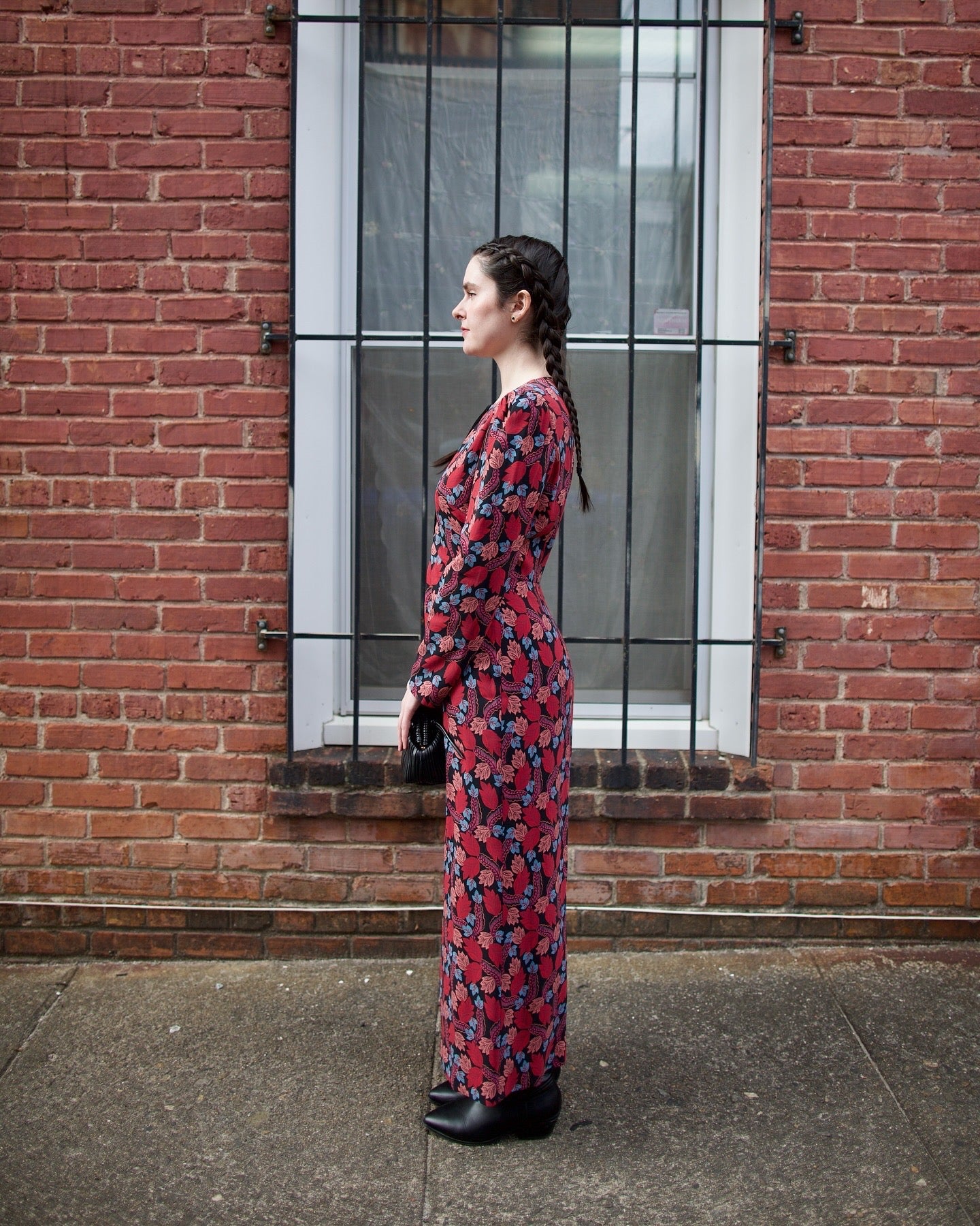 Saloni Jinx-C Dress Follium Rouge fluid viscose with shoulder pleating velvet trim bust cutouts long sleeves dressmaker-quality occasion ready