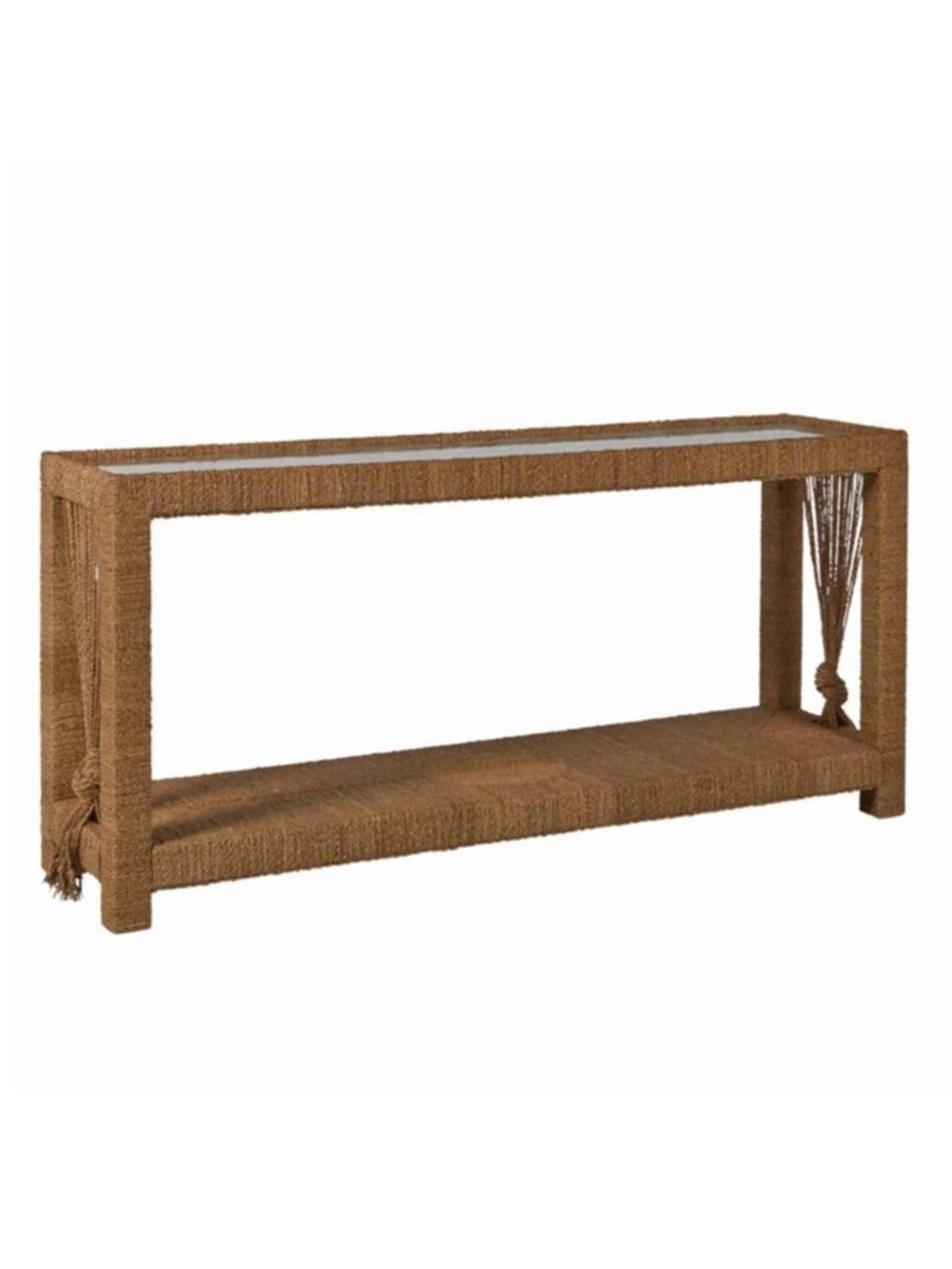 A rectangular brown sea grass console table with a glass top and Mindy wood frame, featuring rope tassels and a circular inlay on the tabletop.