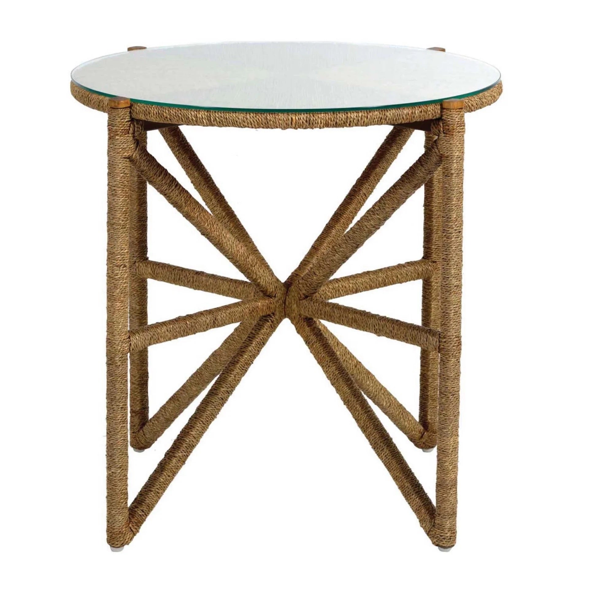 A round side table with a seagrass rope wrapped base and a clear tempered glass top, supported by an X base frame.