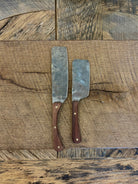 A small and large rustic modern charcuterie serving knife set with hand-forged steel blade and a walnut wooden handle hand crafted in USA