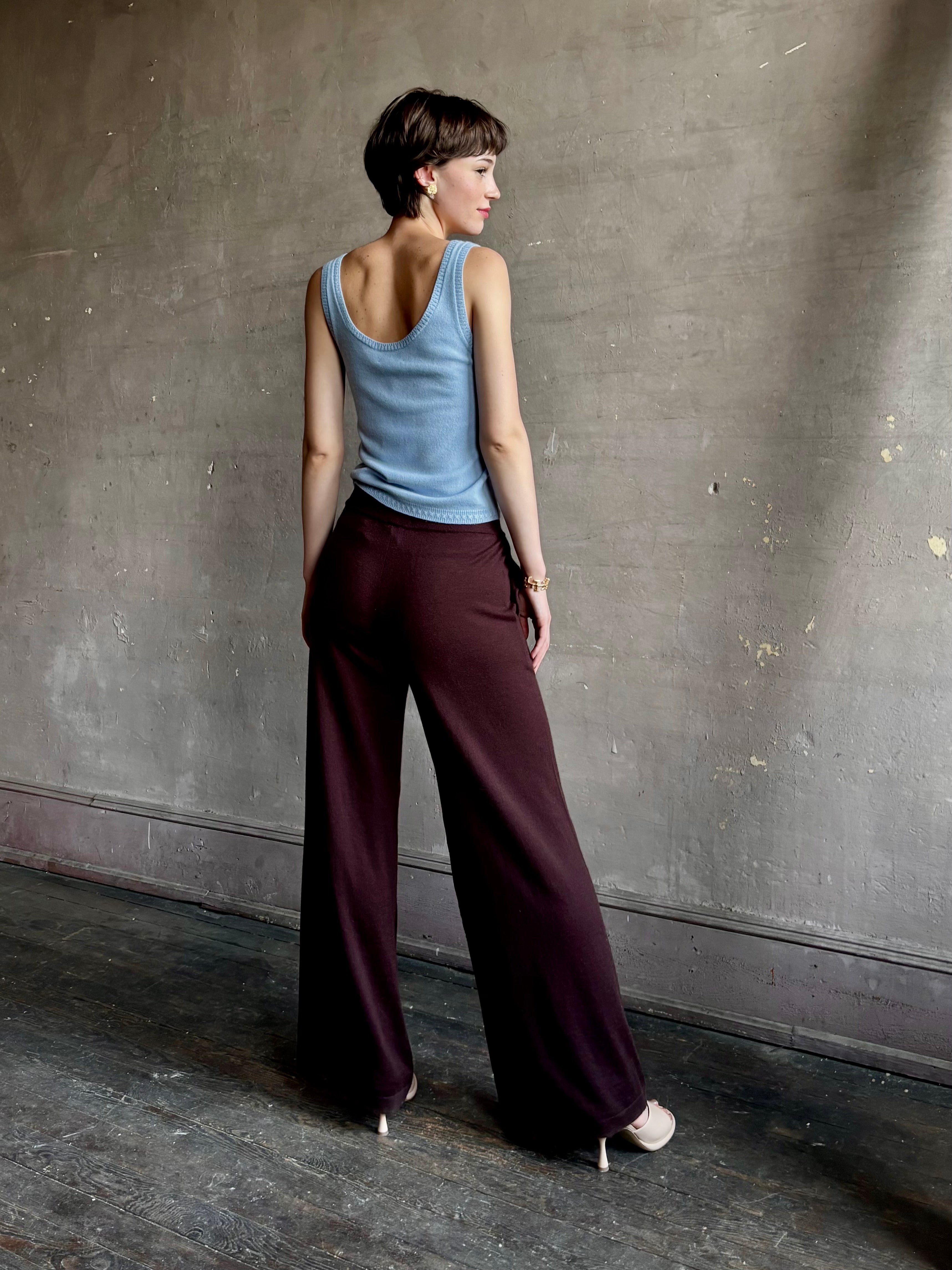 woman wearing SPRWMN premium knit cashmere brown pant elastic waistband  mid-rise wide leg