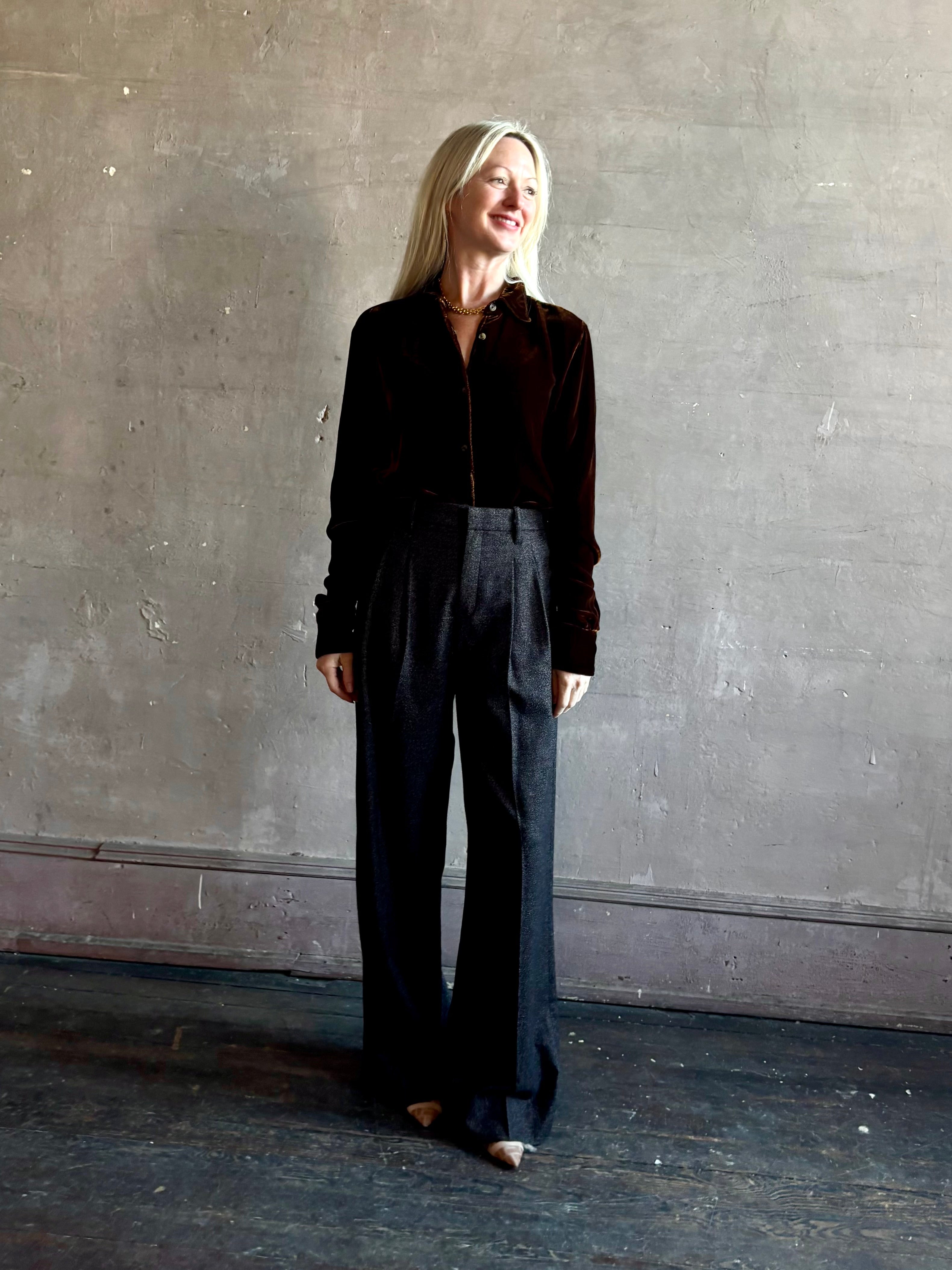 Mature woman wearing SPRWMN Elise Button Up Silk Velvet Top in Warm Brown classic collar long sleeve liquid drape Made in the USA quietly luxurious