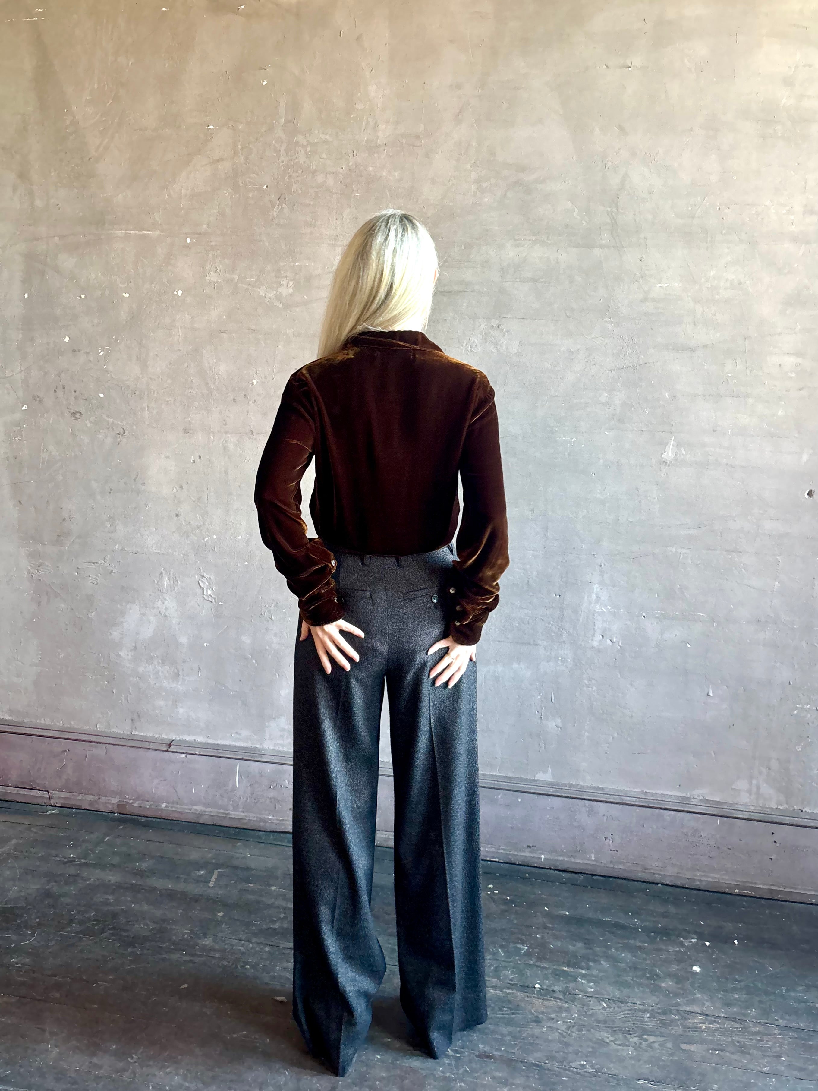 Mature woman wearing SPRWMN Elise Button Up Silk Velvet Top in Warm Brown classic collar long sleeve liquid drape Made in the USA quietly luxurious