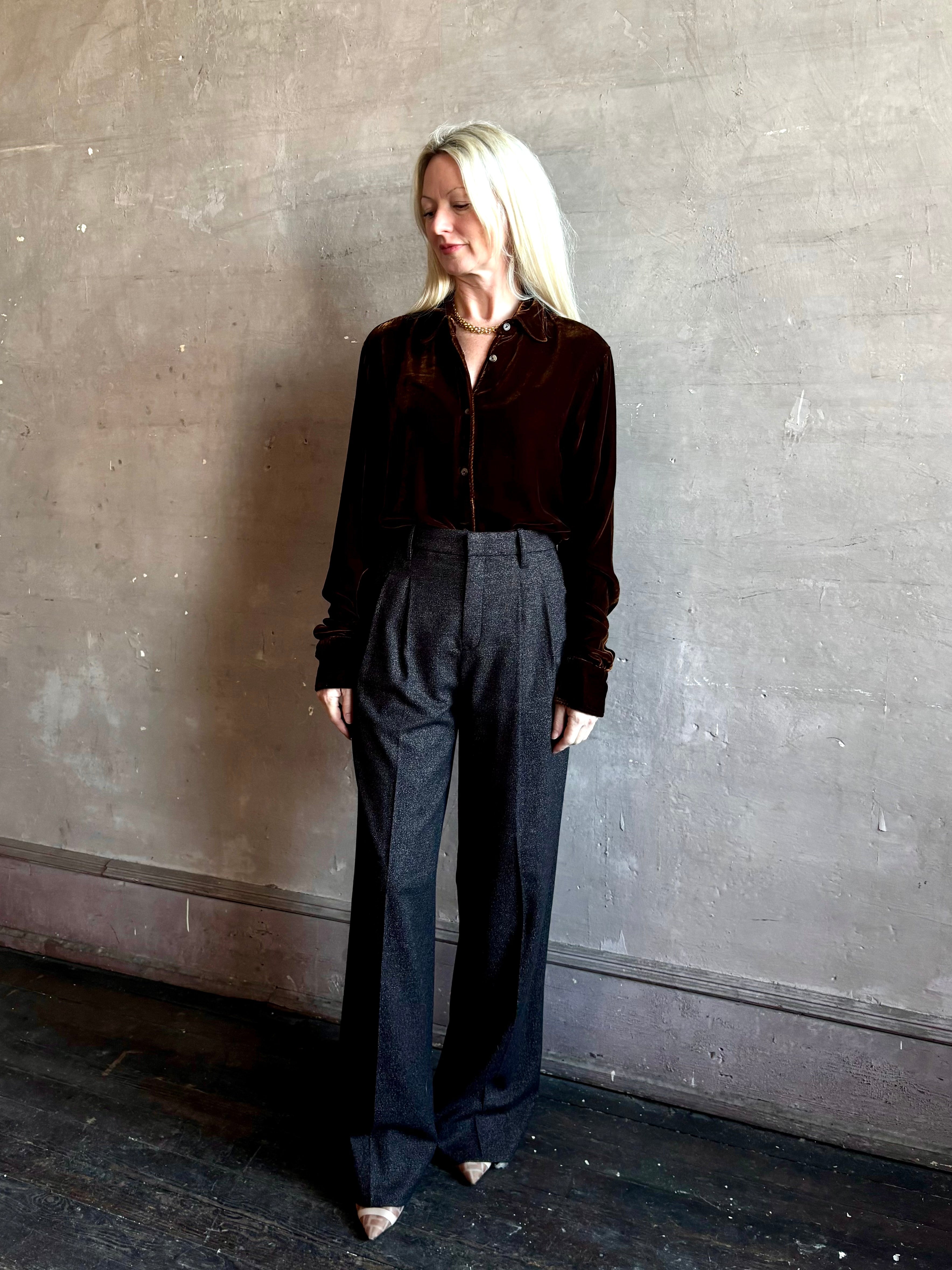 Mature woman wearing SPRWMN Elise Button Up Silk Velvet Top in Warm Brown classic collar long sleeve liquid drape Made in the USA quietly luxurious