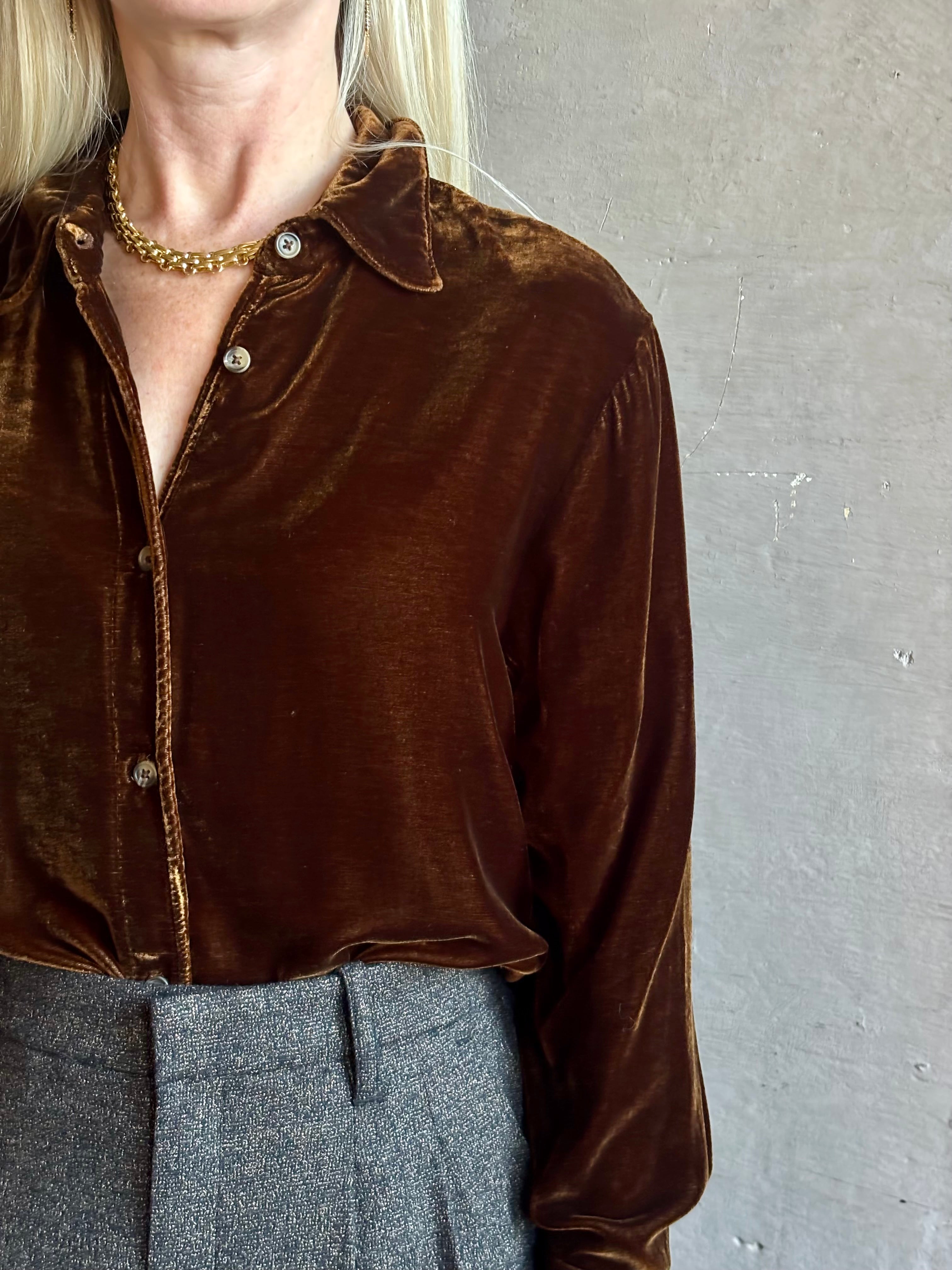 Mature woman wearing SPRWMN Elise Button Up Silk Velvet Top in Warm Brown classic collar long sleeve liquid drape Made in the USA quietly luxurious