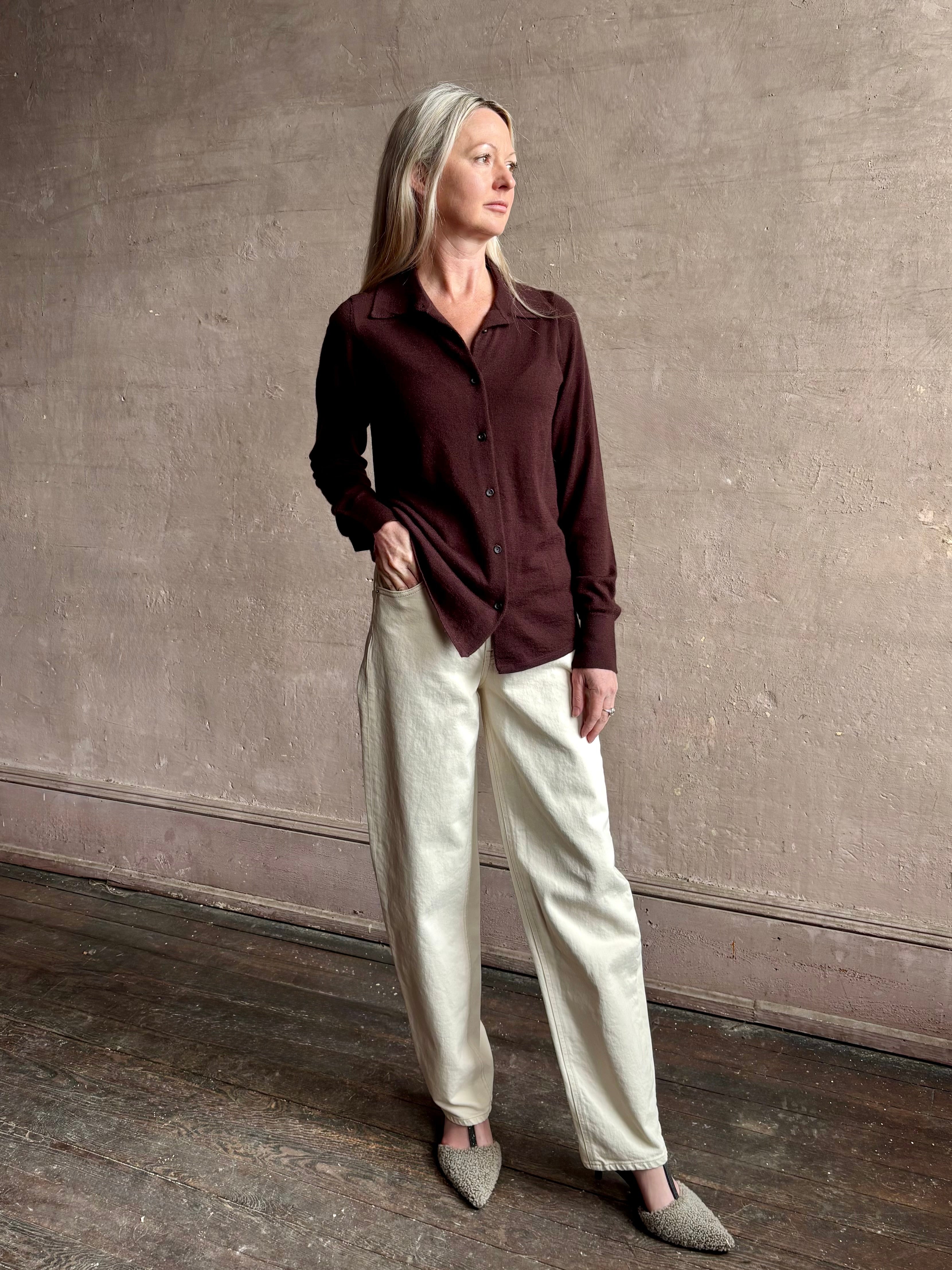 Image of woman wearing elevated casual wear button front Fonda top by SPRWMN in chocolate brown cashmere