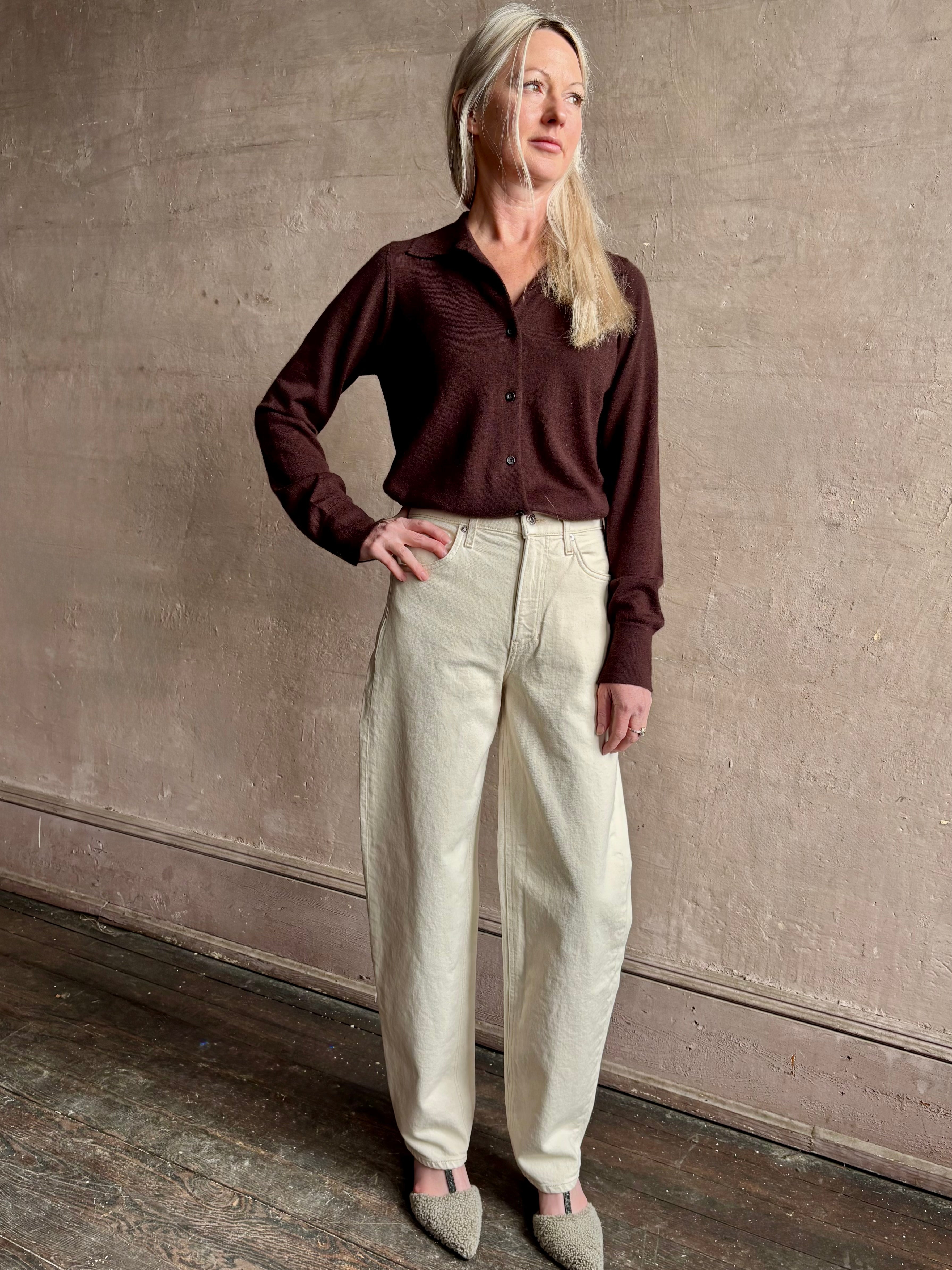 Image of woman wearing elevated casual wear button front Fonda top by SPRWMN in chocolate brown cashmere