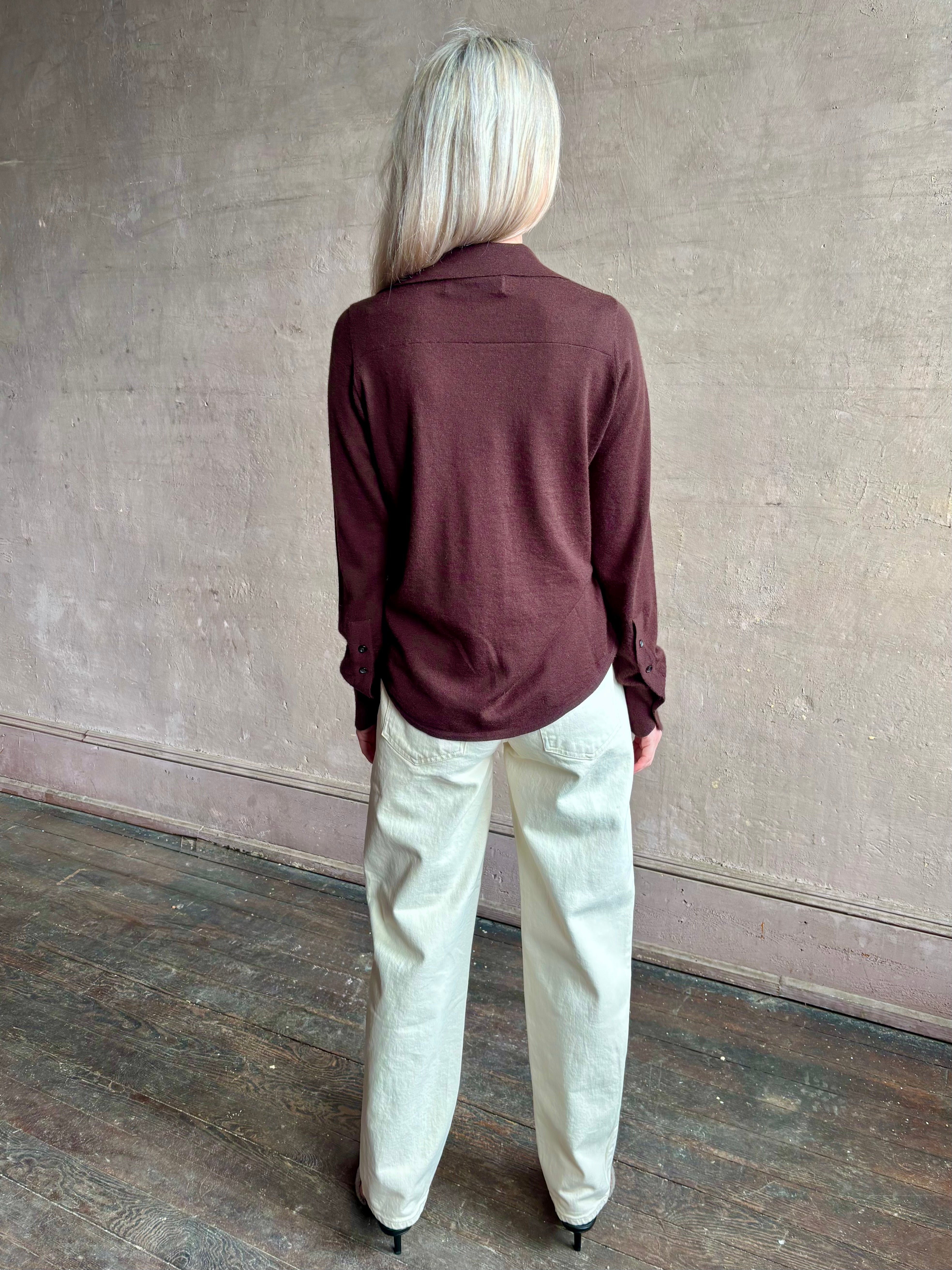 Image of woman wearing elevated casual wear button front Fonda top by SPRWMN in chocolate brown cashmere