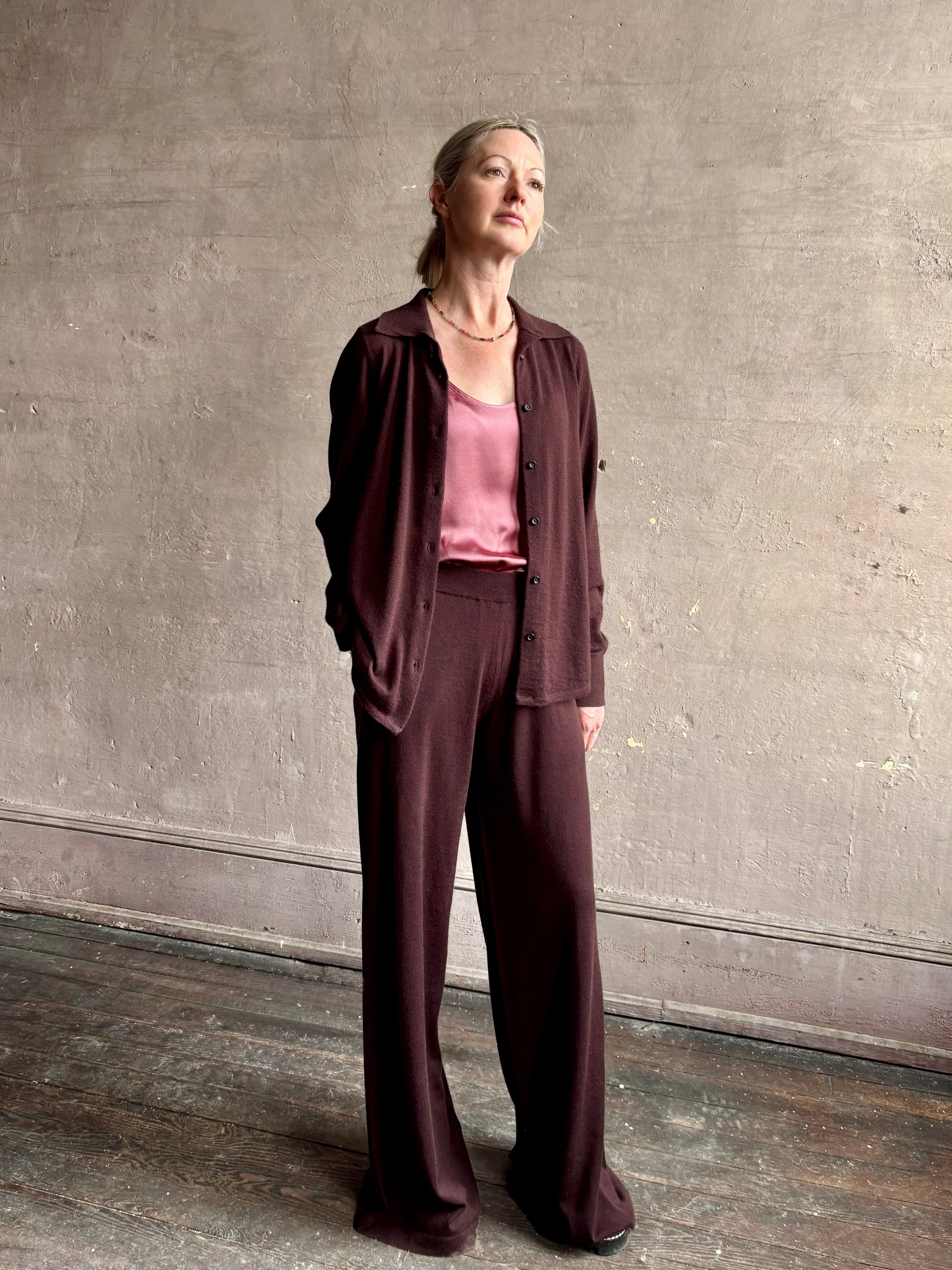 Image of woman wearing elevated casual wear button front Fonda top and matching pant by SPRWMN in chocolate brown cashmere