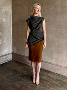 mature woman wearing contemporary designer SPRWMN brown suede leather pencil skirt medium brown