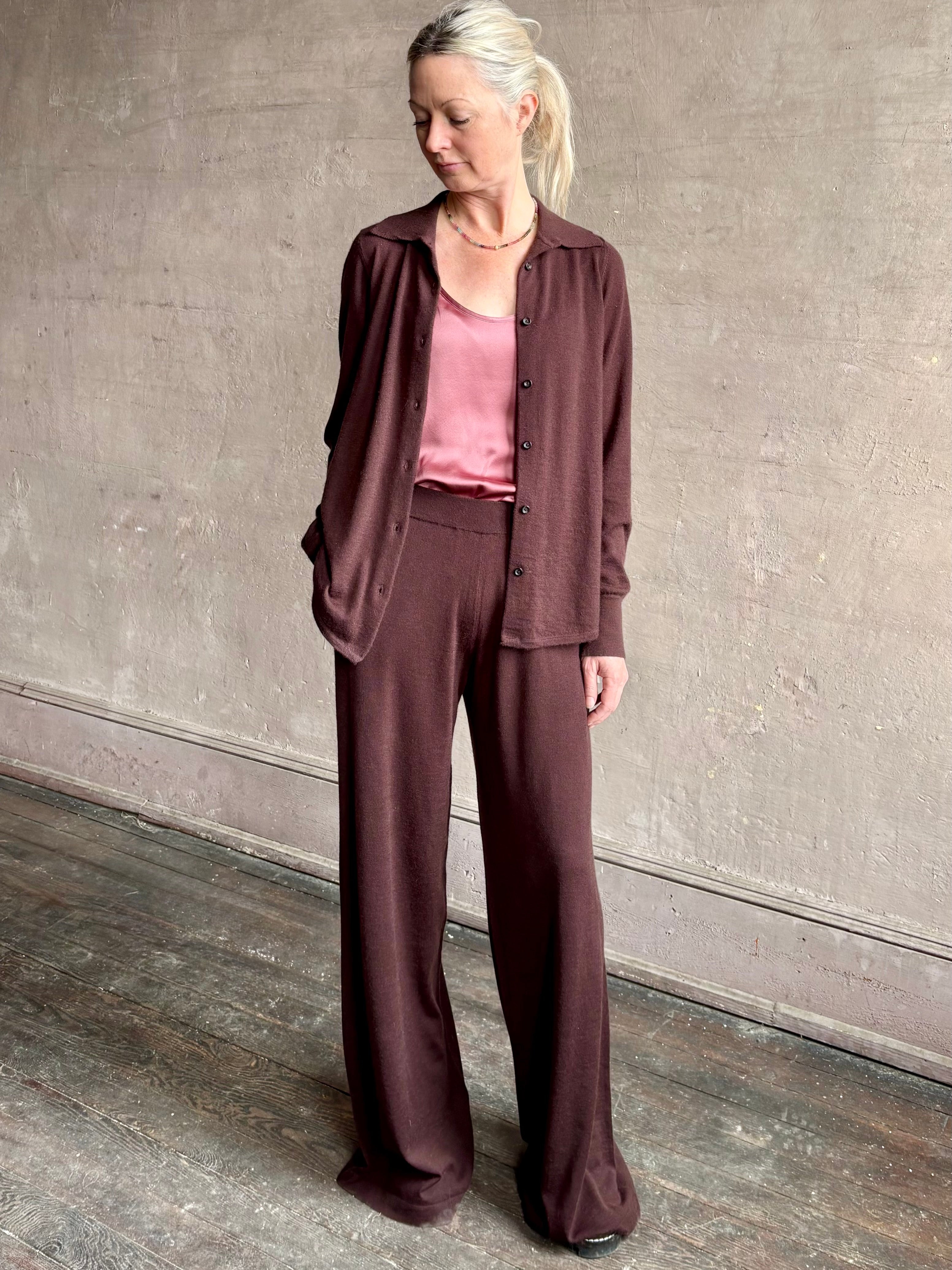 Image of woman wearing premium cashmere elevated casual pant and top set by SPRWMN with long sleeves