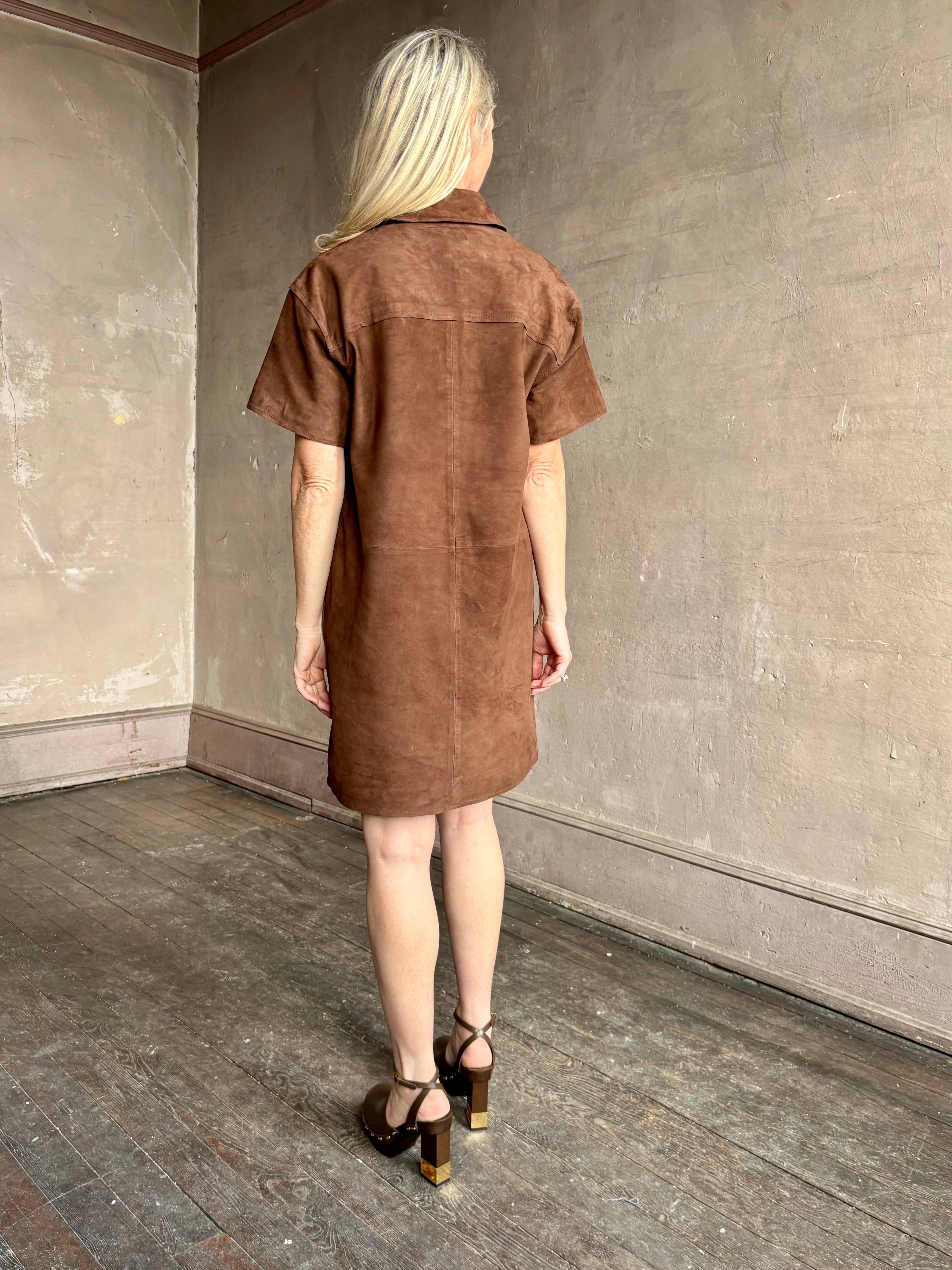 Image of mature woman wearing designer Tanya Taylor sleek chocolate leather shift dress with V-neck and structured collar
