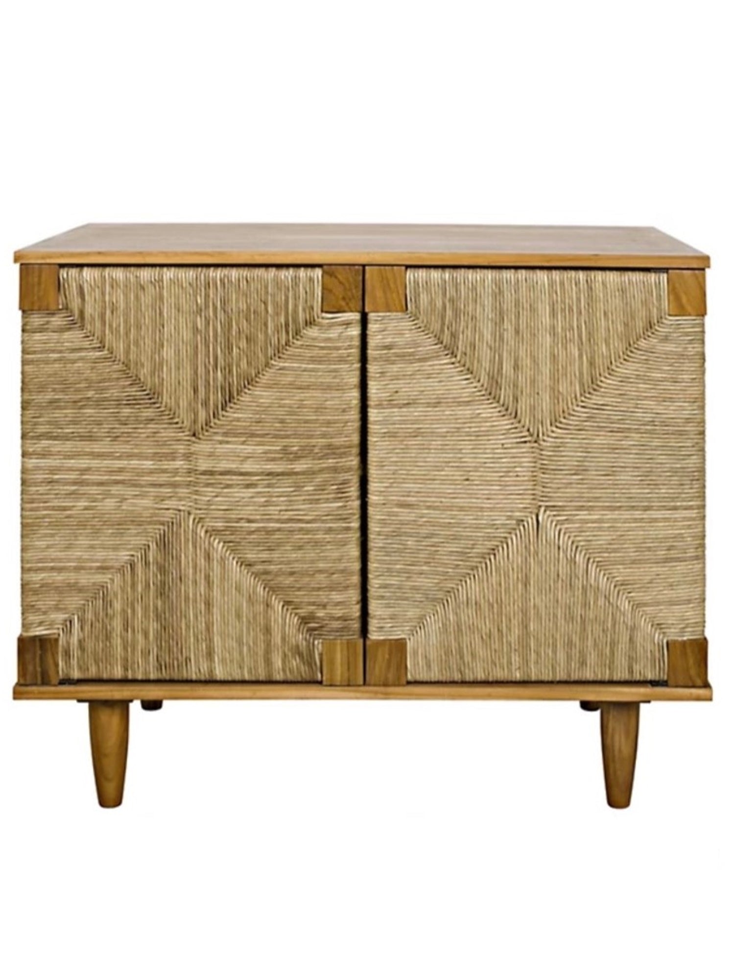 A teak and raffia sideboard with four rounded legs and a geometric woven raffia pattern on the doors.
