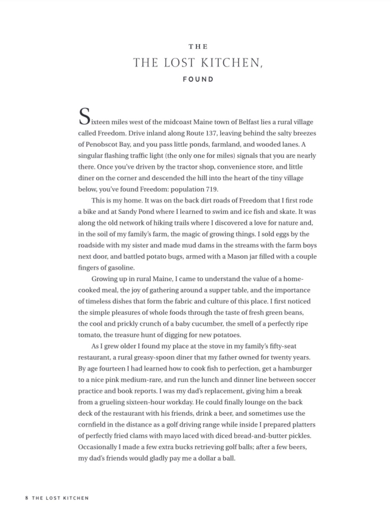 A cookbook page titled 'THE THE LOST KITCHEN, FOUND' explaining the restaurant's origin by Erin French