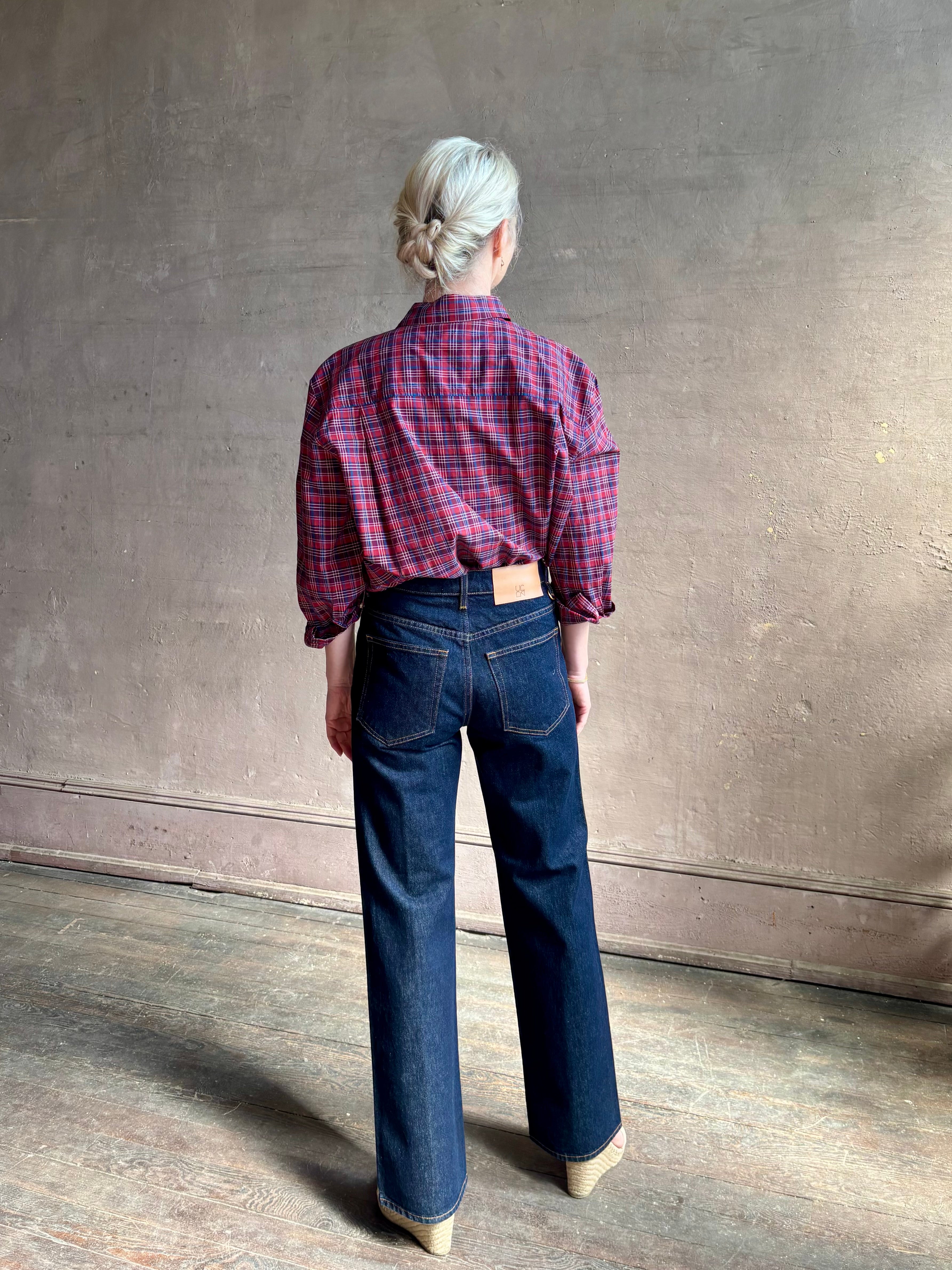 Mature woman in Trovata's Blake Oversized Shirt in Mulled Wine Plaid cotton Relaxed, effortlessly cool California shirting
