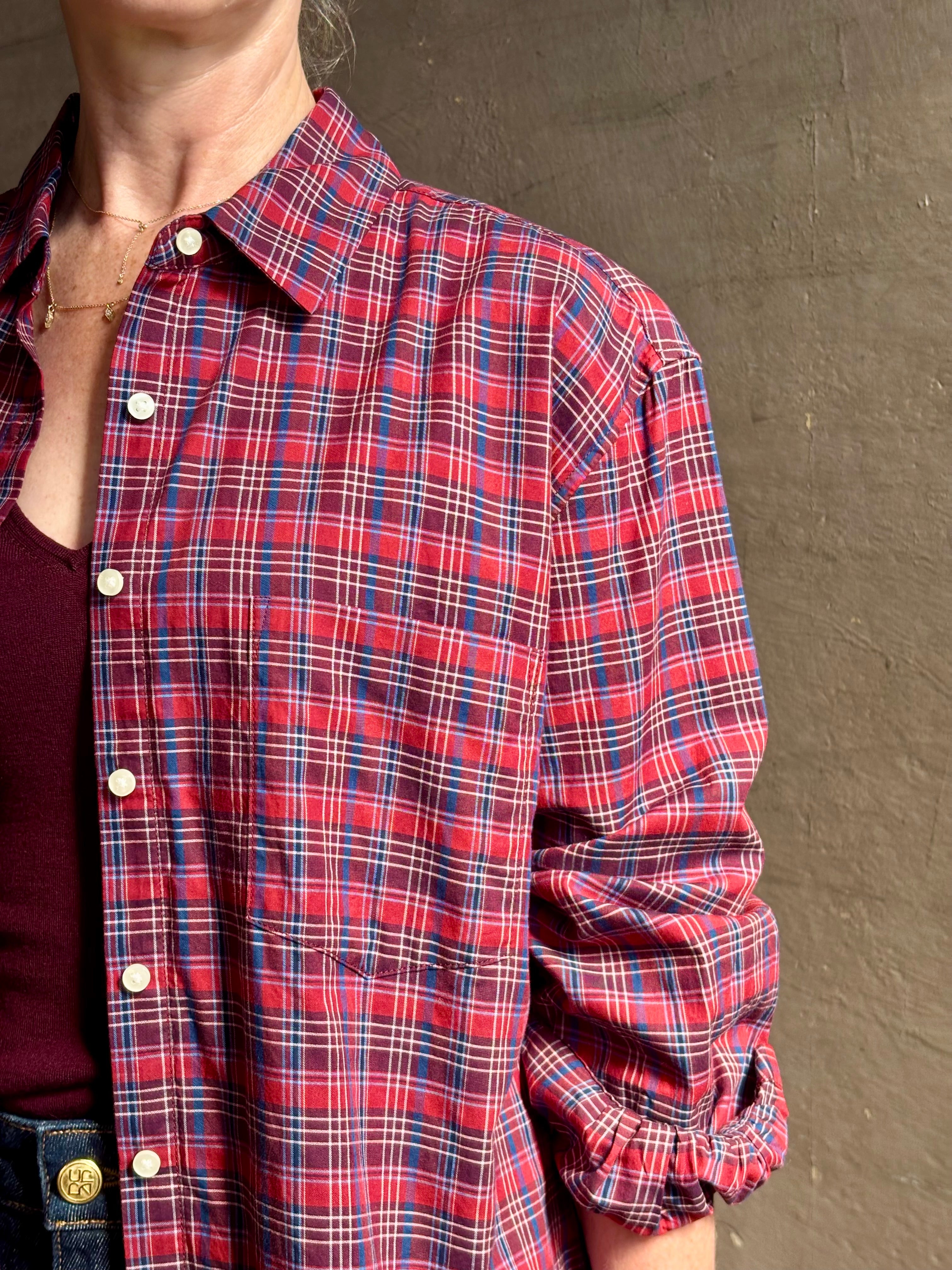 Mature woman in Trovata's Blake Oversized Shirt in Mulled Wine Plaid cotton Relaxed, effortlessly cool California shirting