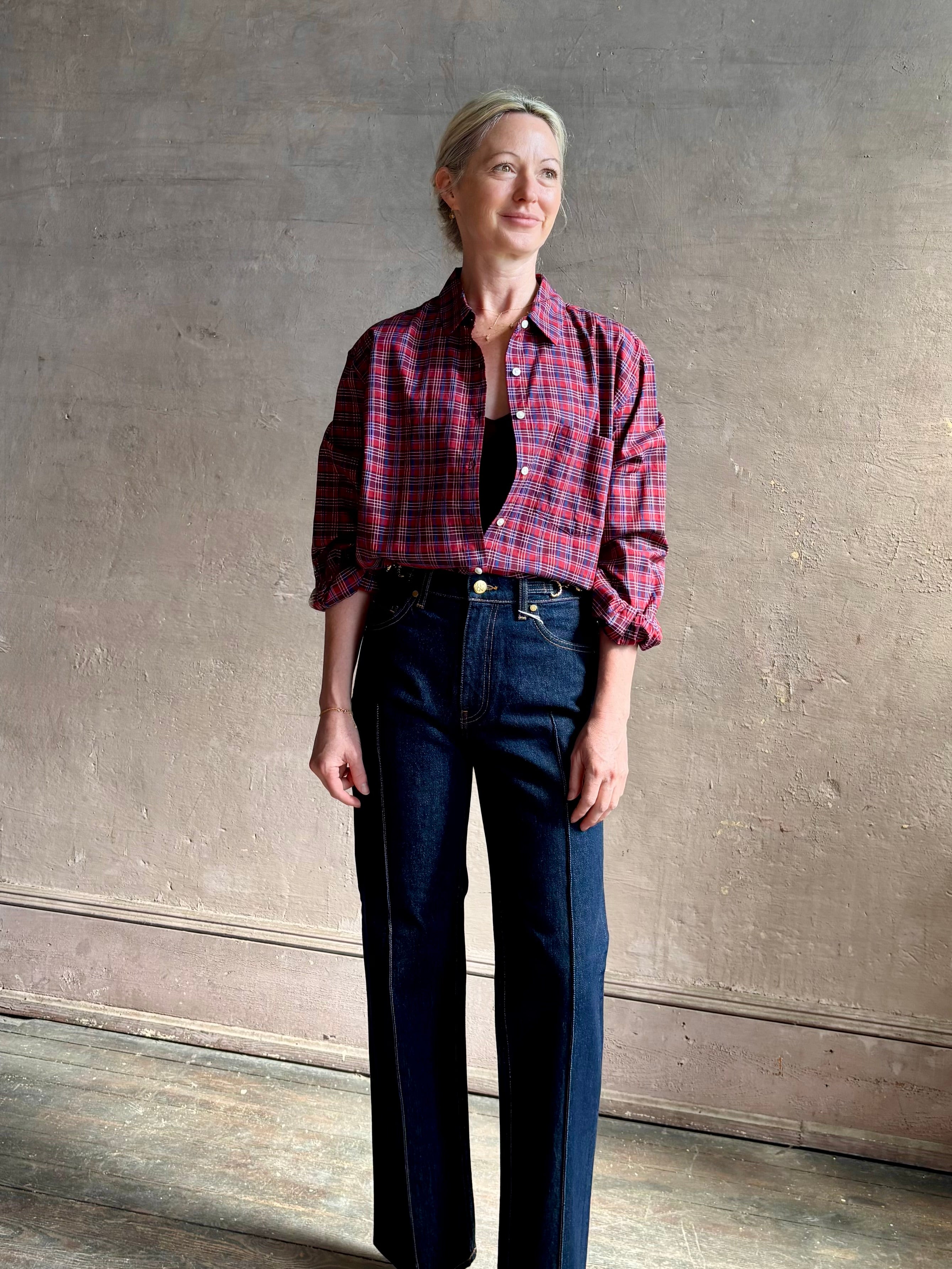 Mature woman in Trovata's Blake Oversized Shirt in Mulled Wine Plaid cotton Relaxed, effortlessly cool California shirting