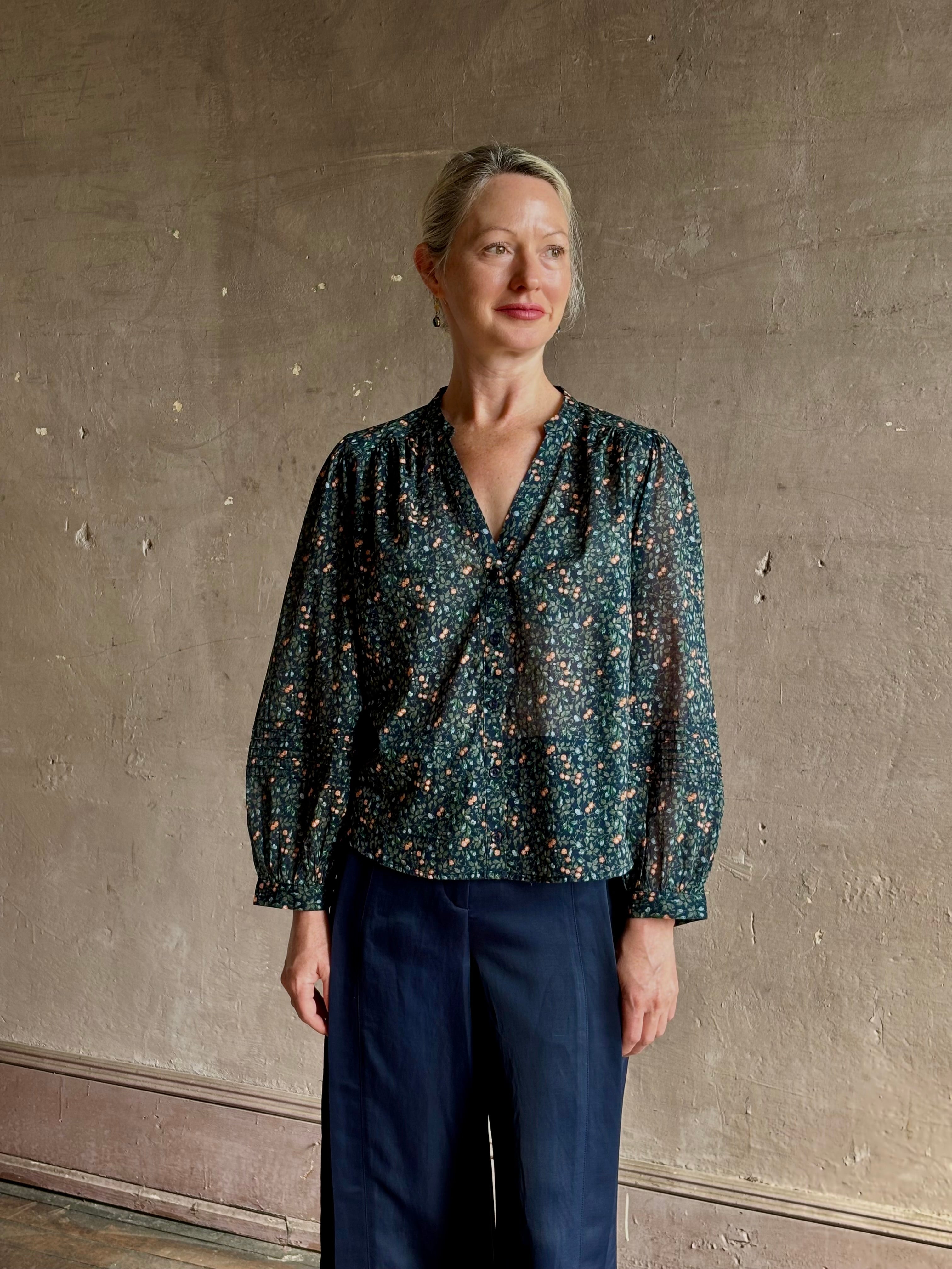 Trovata's Pauline Blouse in Marin Ditsy cotton poplin balloon sleeves. Romantic, movement-rich California charm