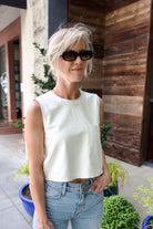 Image of a woman wearing the TWP Leather Tank