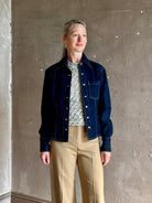 Mature woman wearing Premium Cotton American-Made Denim TWP Franny Shirt with feminine darting silhouette 