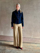 Mature woman wearing Premium Cotton American-Made Denim TWP Franny Shirt with feminine darting silhouette 