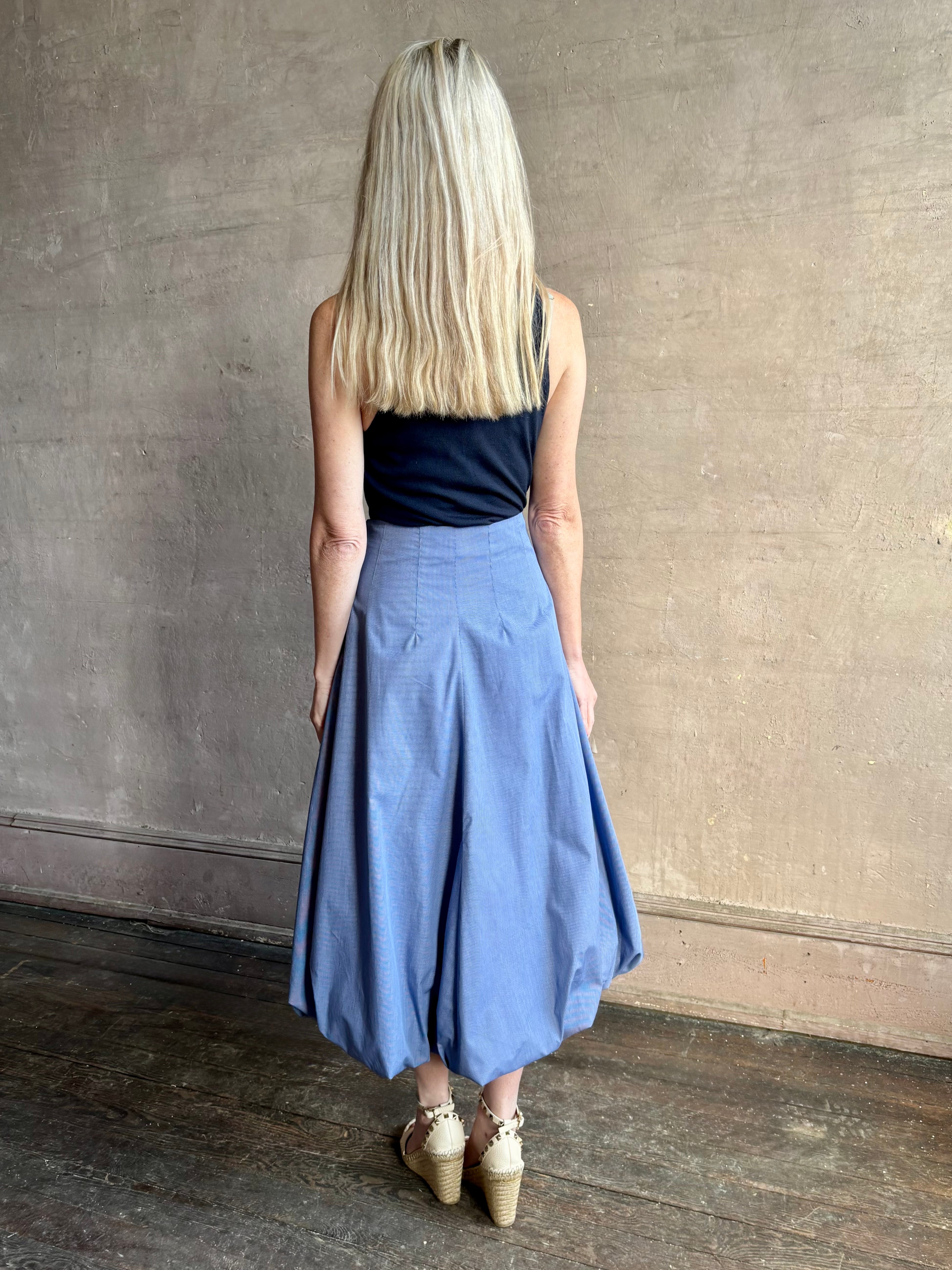 Image of woman wearing American made cotton poplin TWP blue plaid Full Intentions maxi bubble Skirt